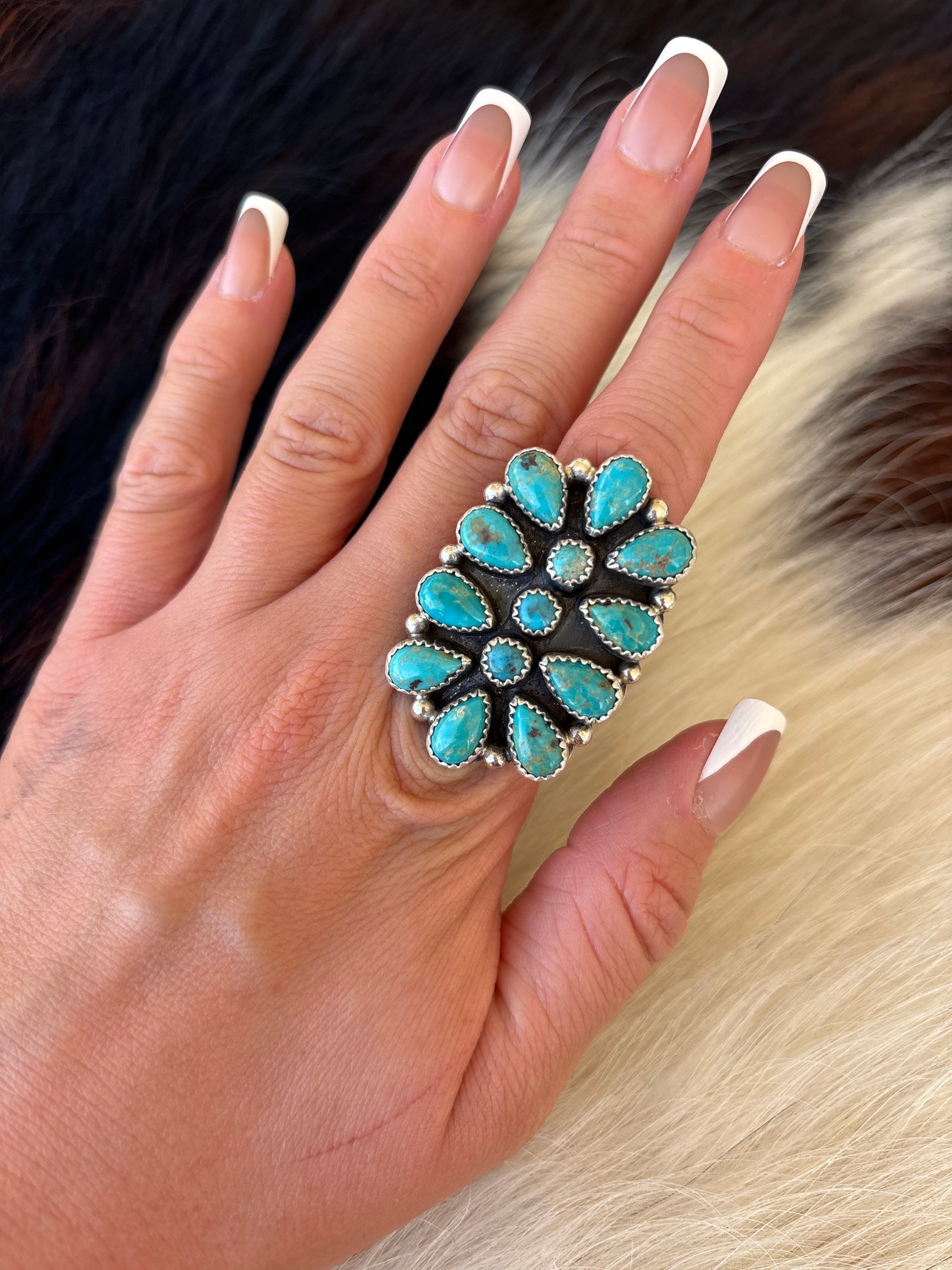 Native American, Hand-Made, Turquoise & Sterling Silver Cluster Ring
