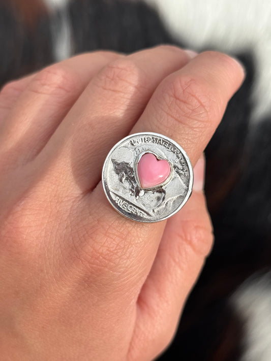 Native American, Hand-Made, Pink Conch, Buffalo Nickel & Sterling Silver Ring