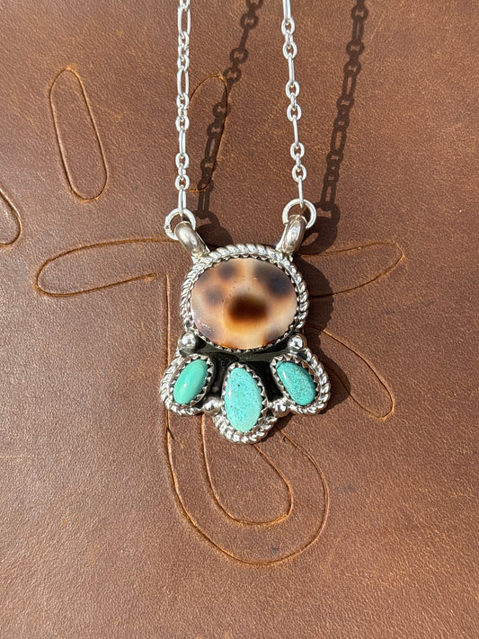Native American, Hand-Made, Cowrie, Turquoise & Sterling Silver Necklace