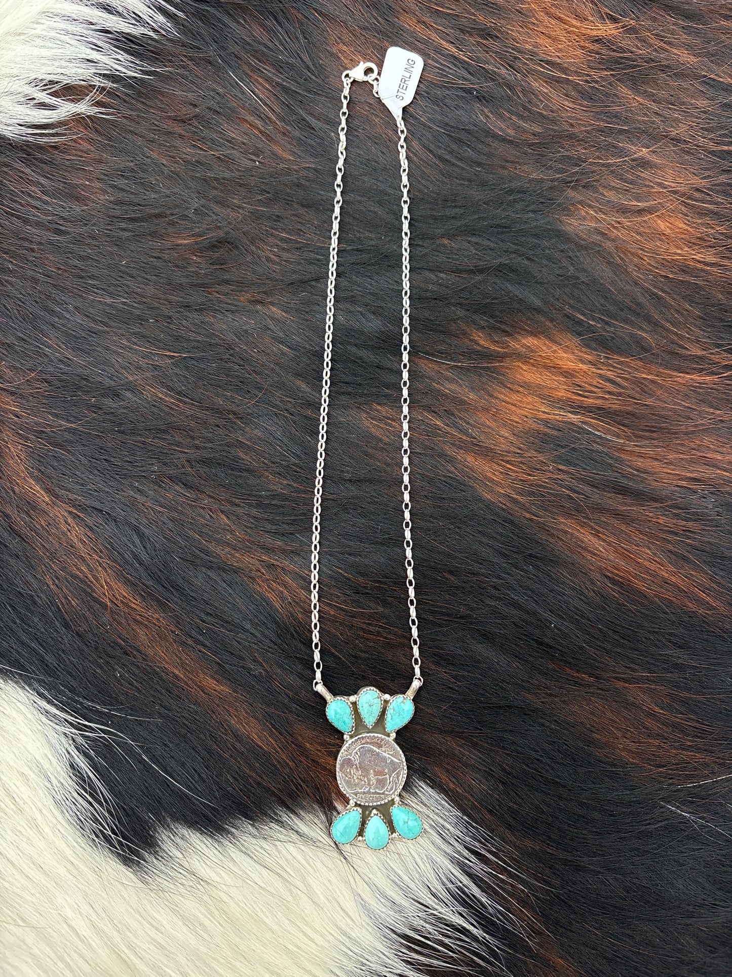 Native American, Hand-Made, Buffalo Nickel, Turquoise & Sterling Silver Necklace