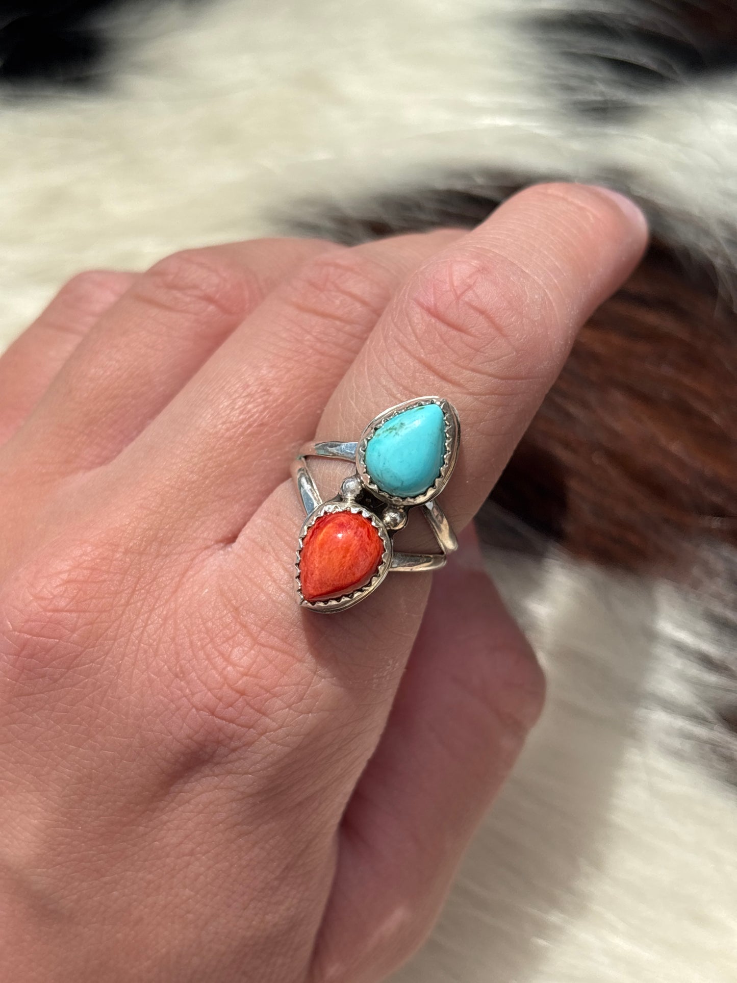 Native American, Hand-Made, Turquoise, Spiny Oyster & Sterling Silver Ring