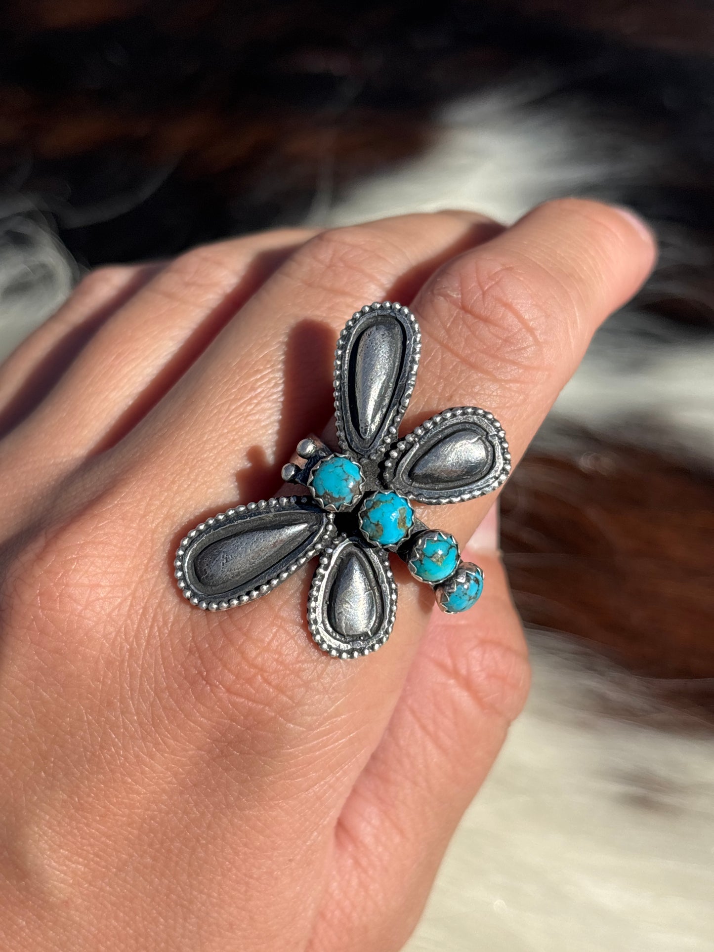 Native American, Hand-Made, Turquoise & Sterling Silver Dragonfly Adjustable Ring