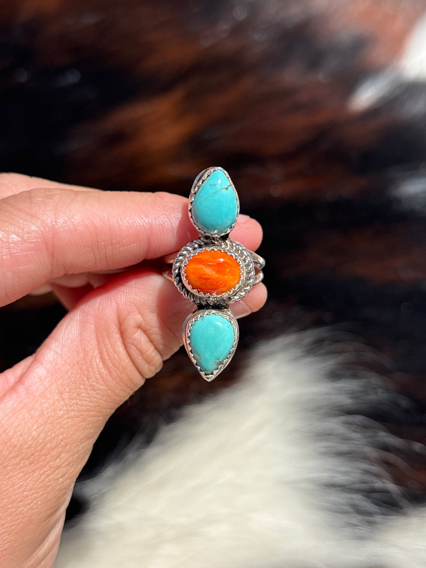 Native American, Hand-Made, Turquoise, Spiny Oyster & Sterling Silver Ring