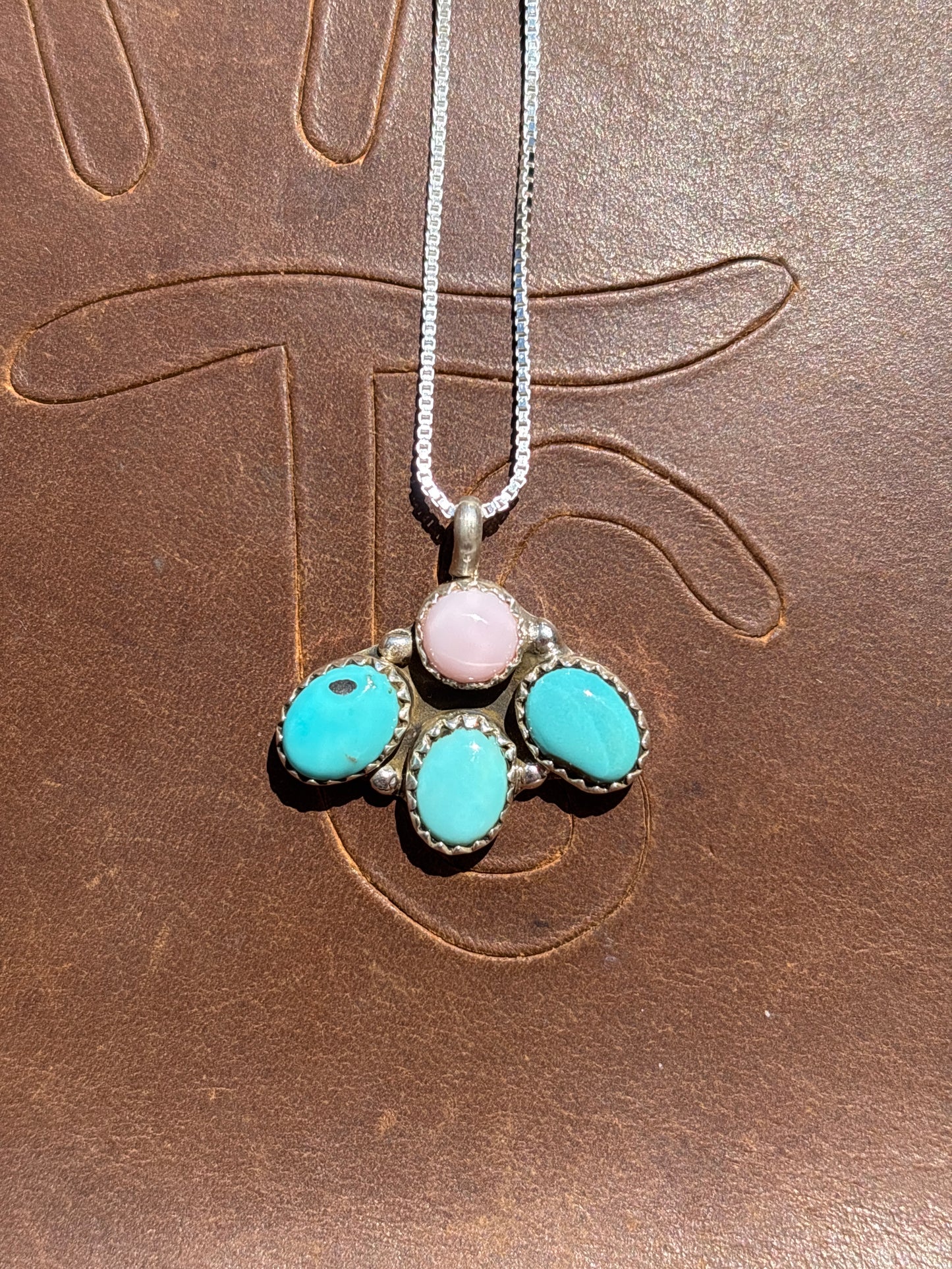 Native American, Hand-Made, Pink Conch, Turquoise & Sterling Silver Necklace