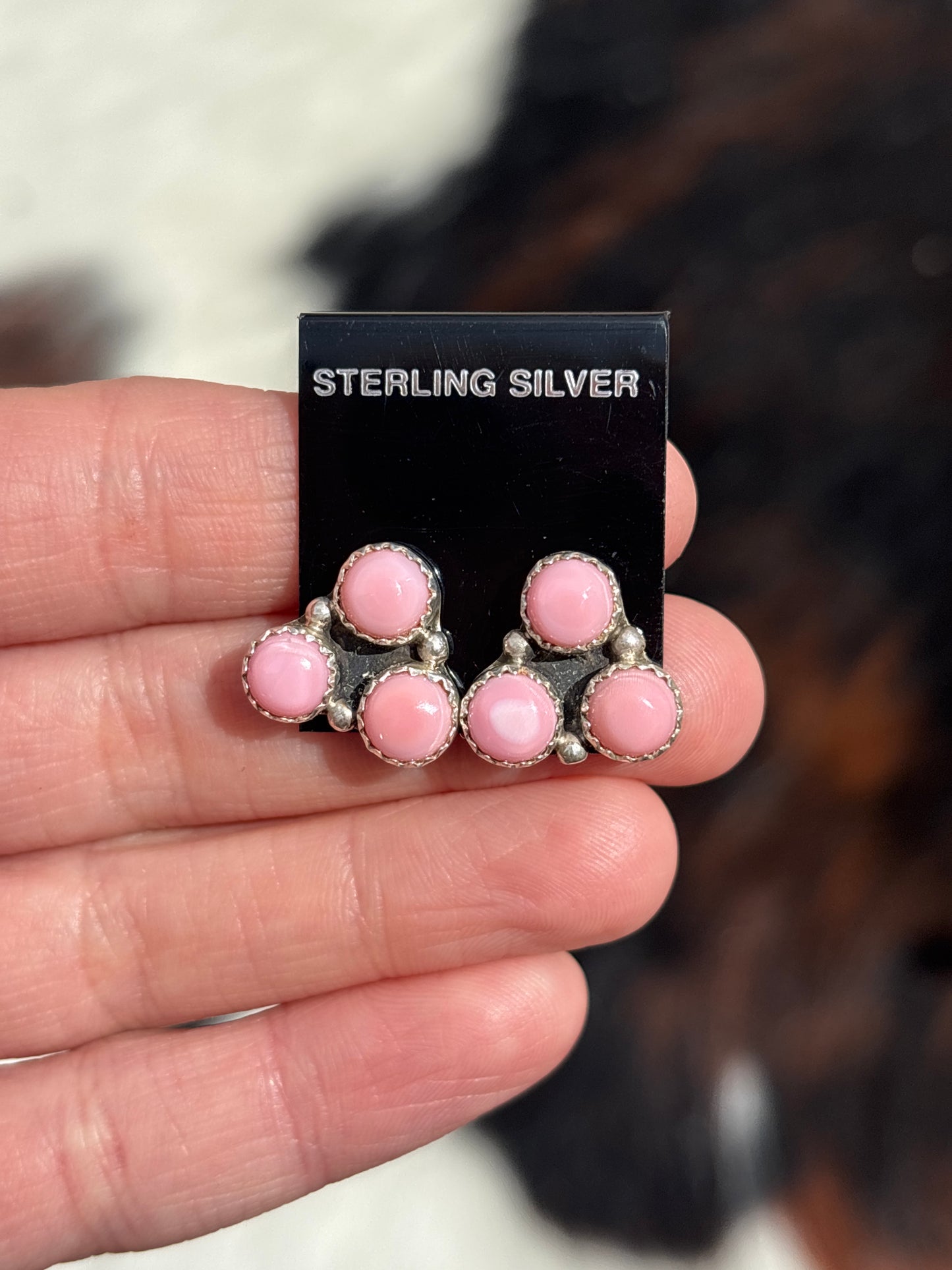 Native Made, Pink Conch & Sterling Silver Cluster Earrings