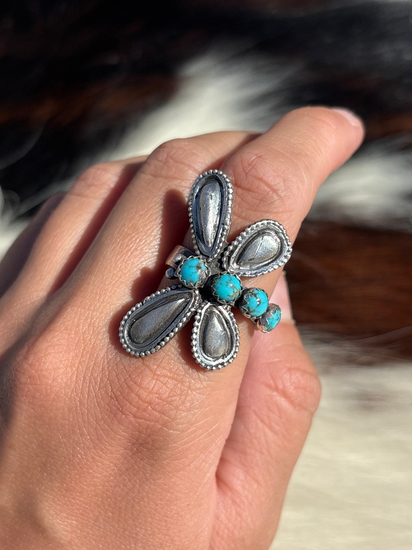 Native American, Hand-Made, Turquoise & Sterling Silver Dragonfly Adjustable Ring