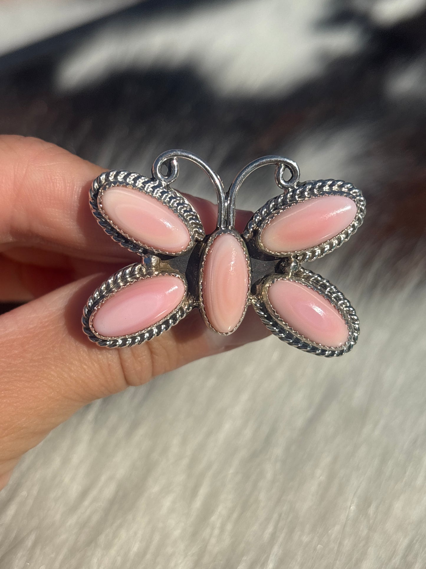 Native American, Hand-Made, Pink Conch & Sterling Silver Butterfly Ring