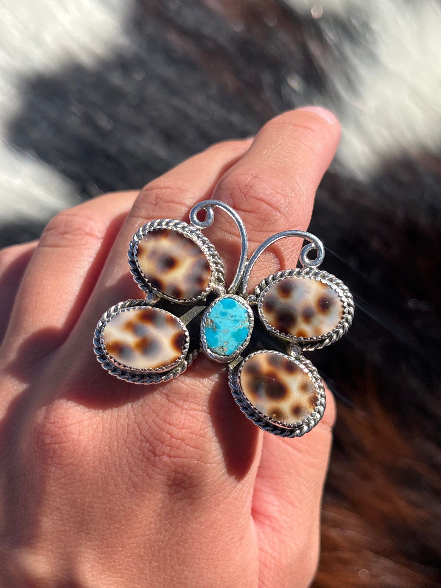 Native American, Hand-Made, Turquoise, Cowrie & Sterling Silver  Ring