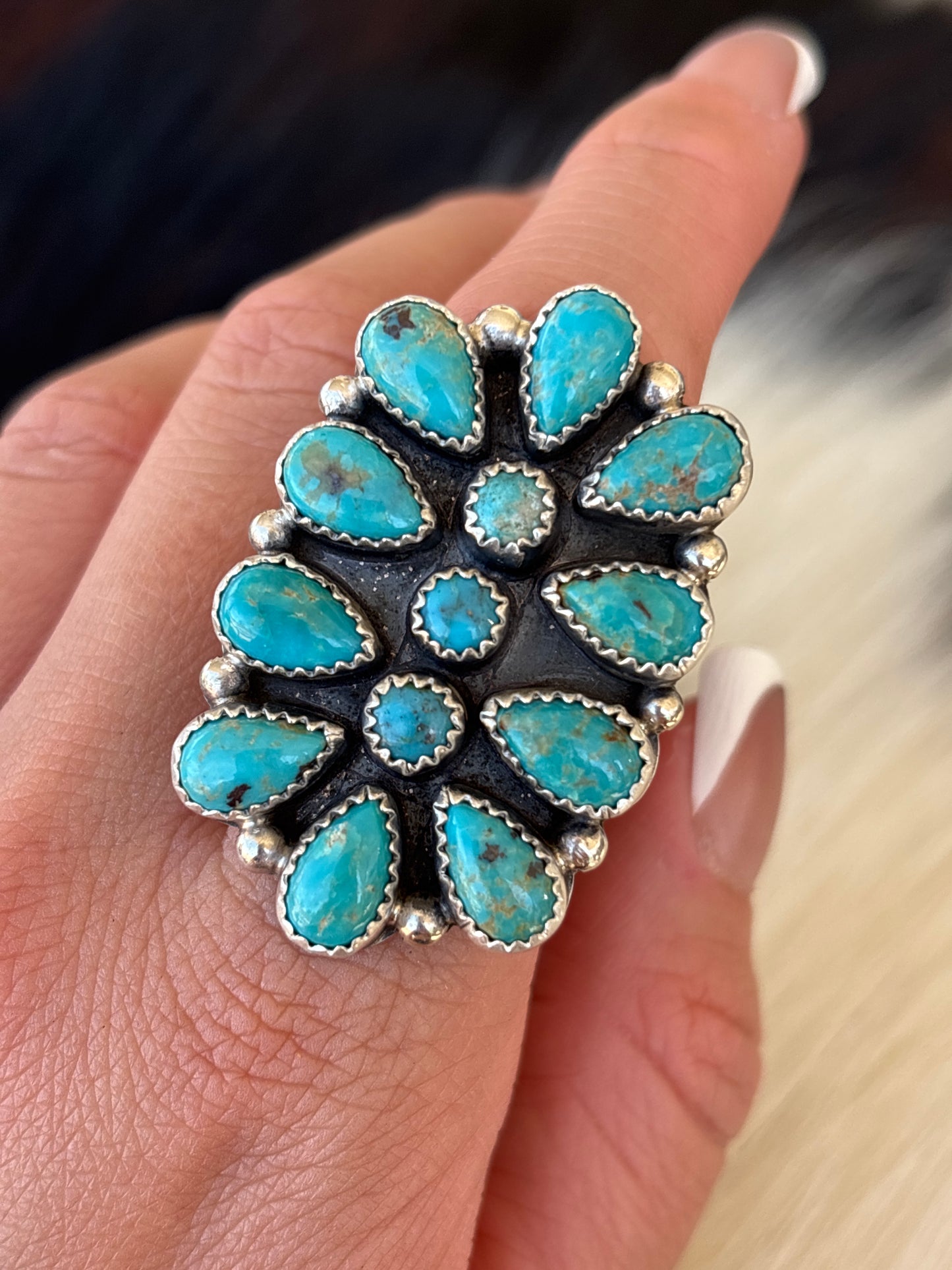 Native American, Hand-Made, Turquoise & Sterling Silver Cluster Ring