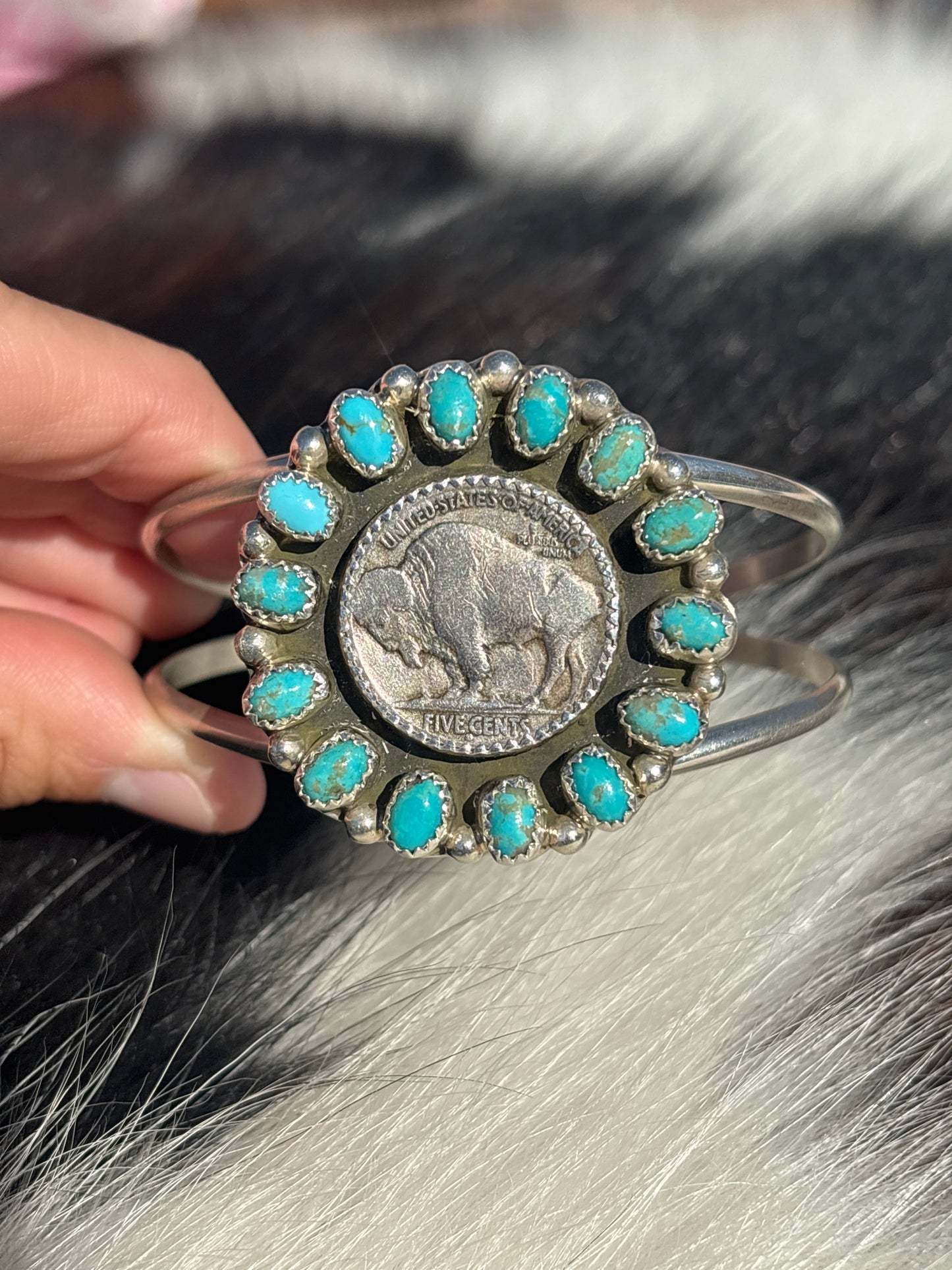 Native American, Handmade, Turquoise, Buffalo Nickel & Sterling Silver Cuff