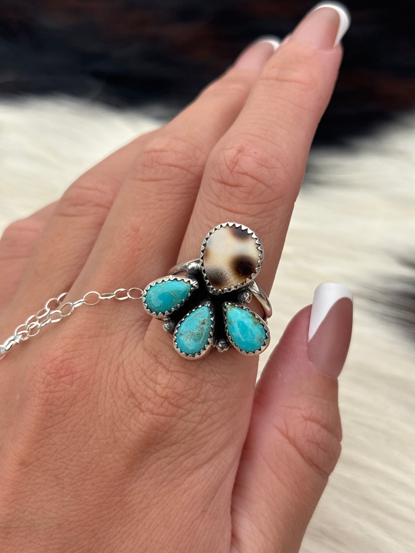 Native American, Hand-Made, Turquoise, Cowrie & Sterling Silver  Ring