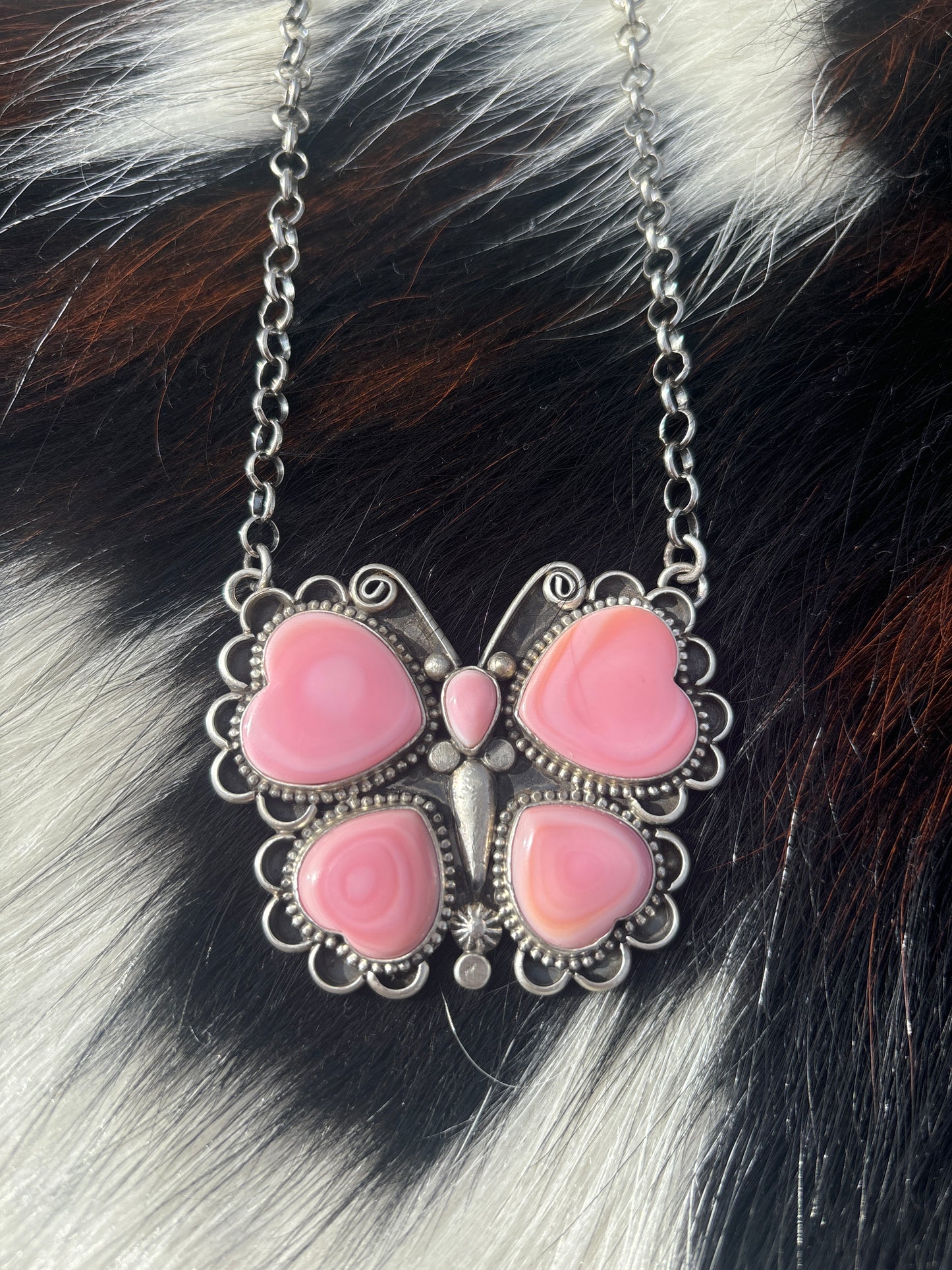 Native American, Hand-Made, Pink Conch & Sterling Silver Butterfly Necklace