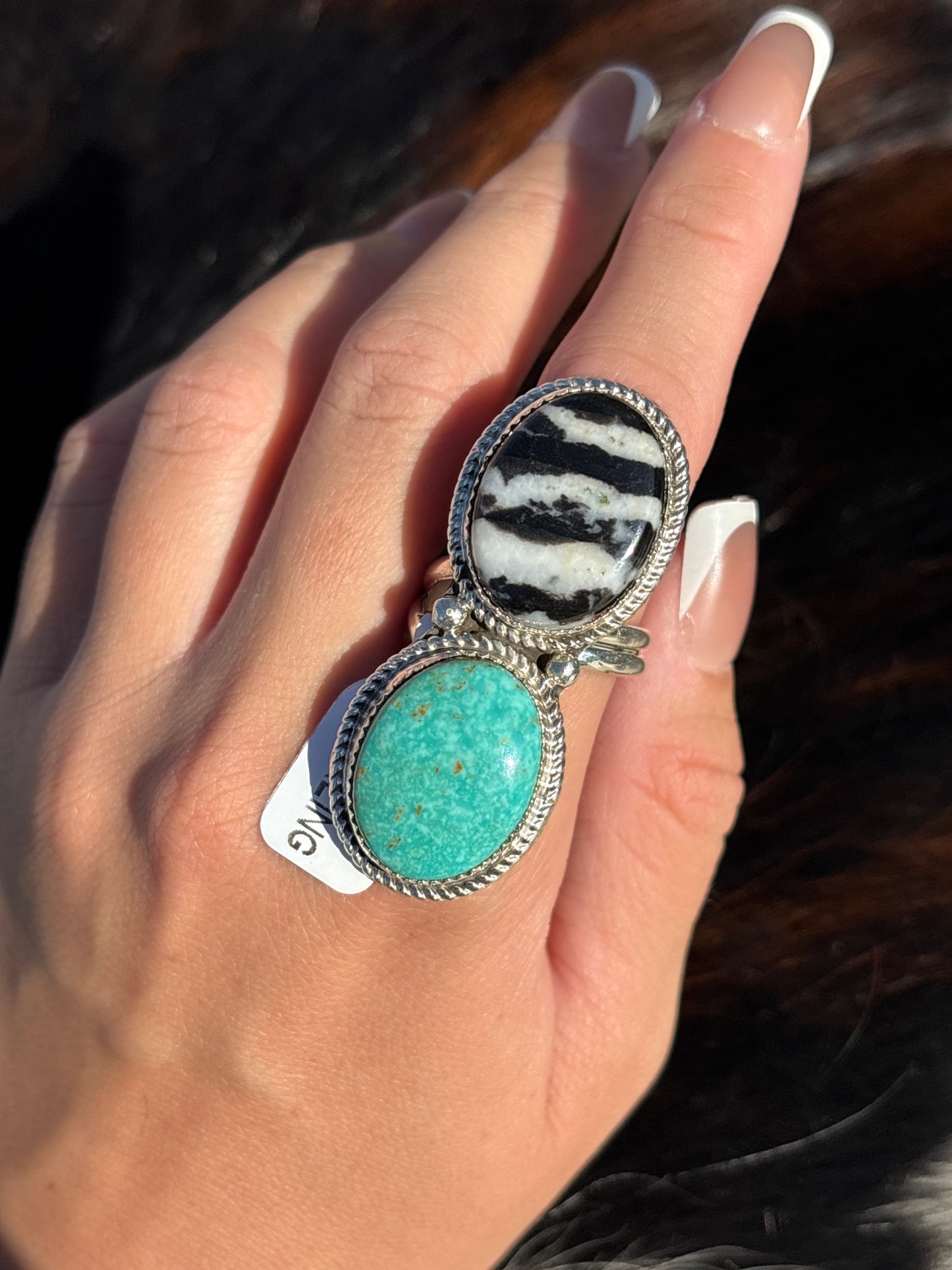 Native American, Hand-Made, Turquoise, Zebra Jasper & Sterling Silver Ring