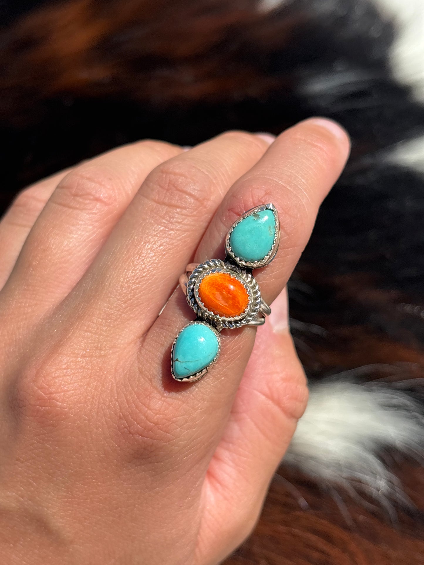 Native American, Hand-Made, Turquoise, Spiny Oyster & Sterling Silver Ring
