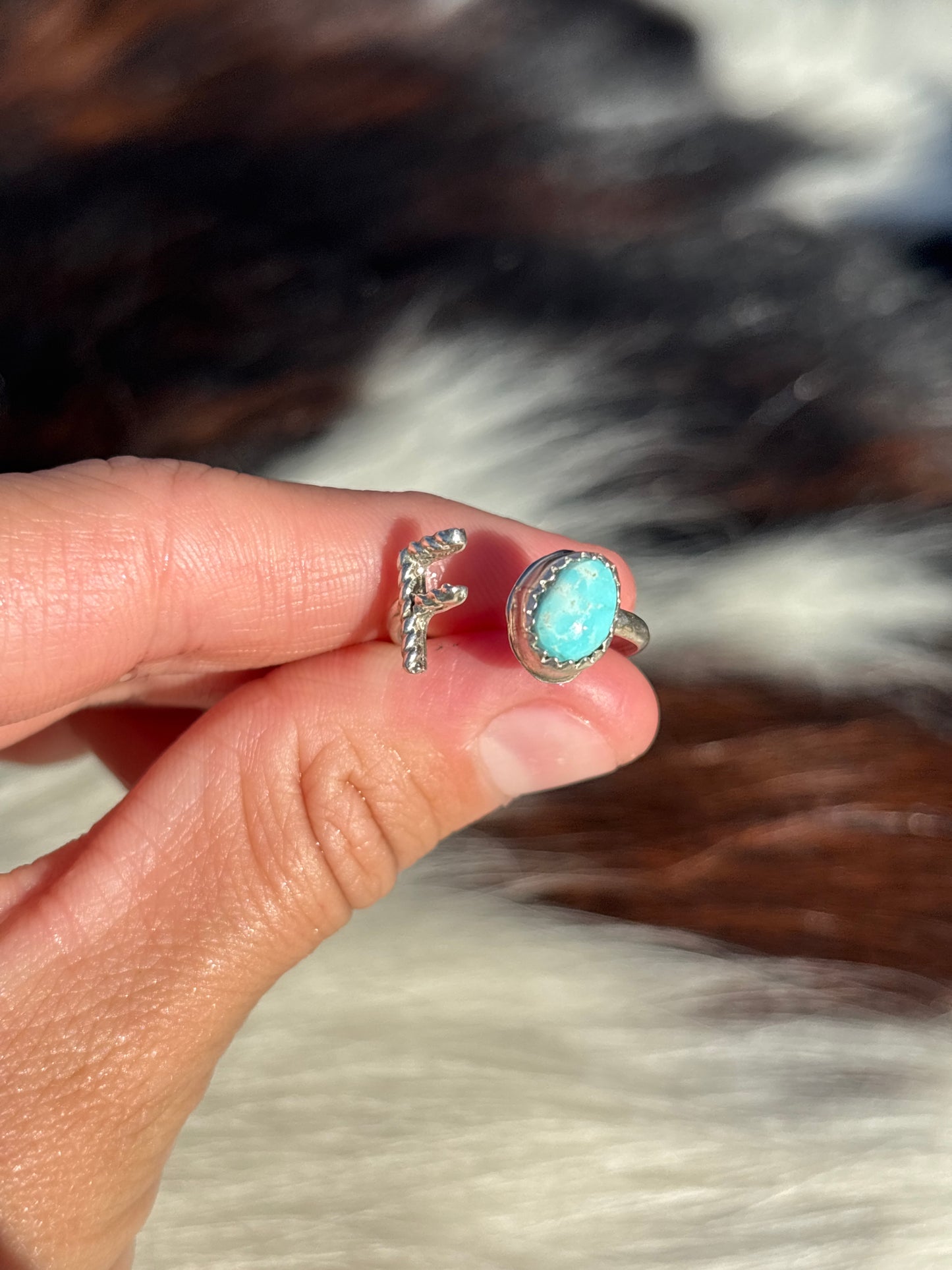 Native American, Hand-Made, Turquoise & Sterling Silver Adjustable Initial Ring