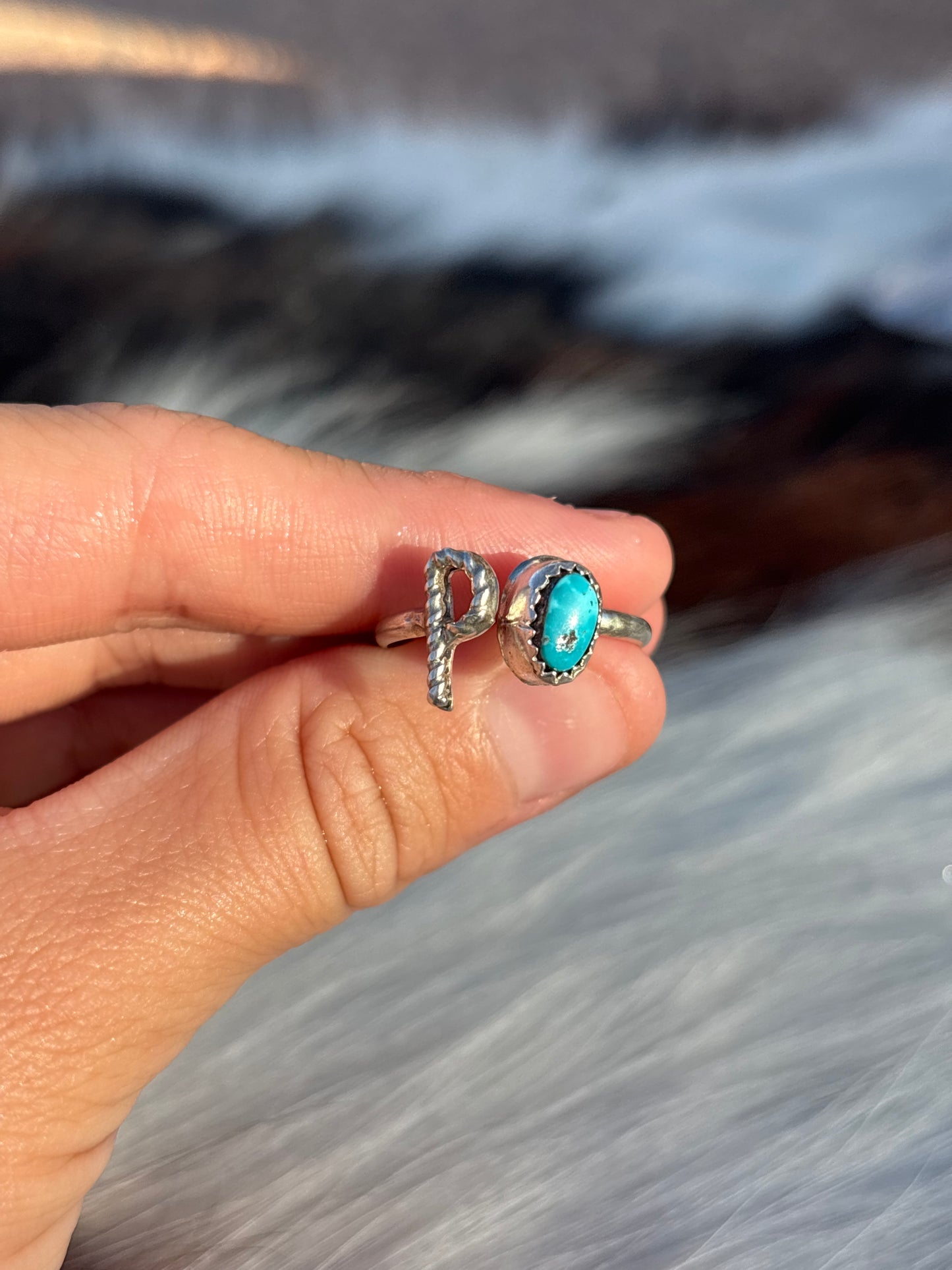 Native American, Hand-Made, Turquoise & Sterling Silver Adjustable Initial Ring