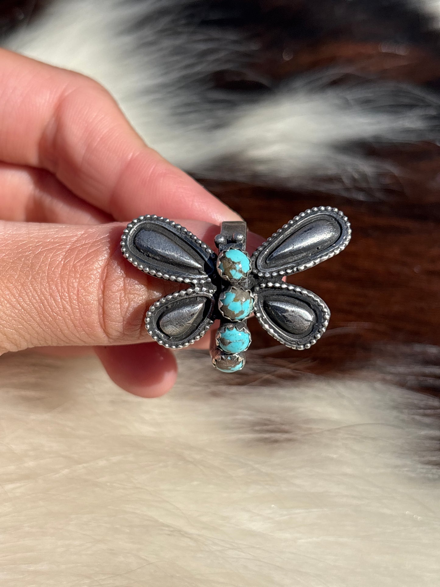 Native American, Hand-Made, Turquoise & Sterling Silver Dragonfly Adjustable Ring