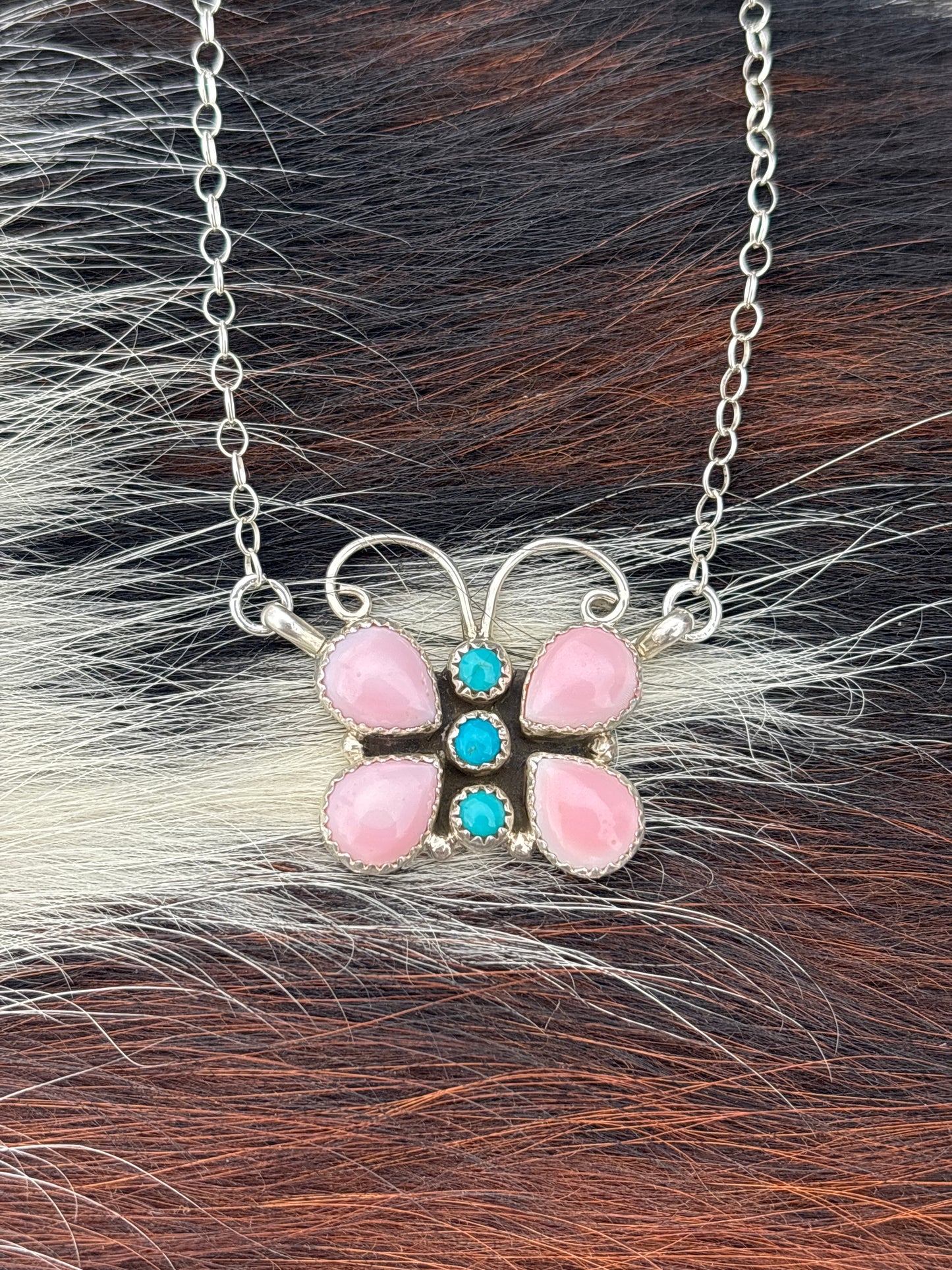 Native American, Hand-Made, Pink Conch, Turquoise & Sterling Silver Butterfly Necklace