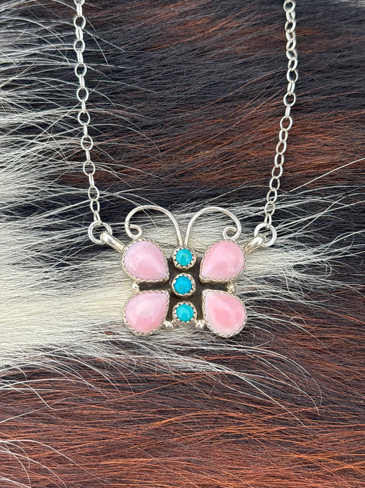 Native American, Hand-Made, Pink Conch, Turquoise & Sterling Silver Butterfly Necklace