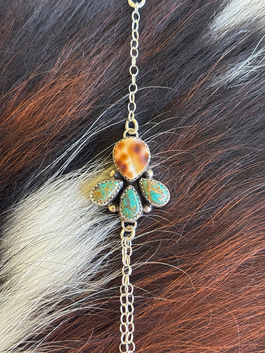 Native American, Handmade, Turquoise, Cowrie & Sterling Silver Hand Chain