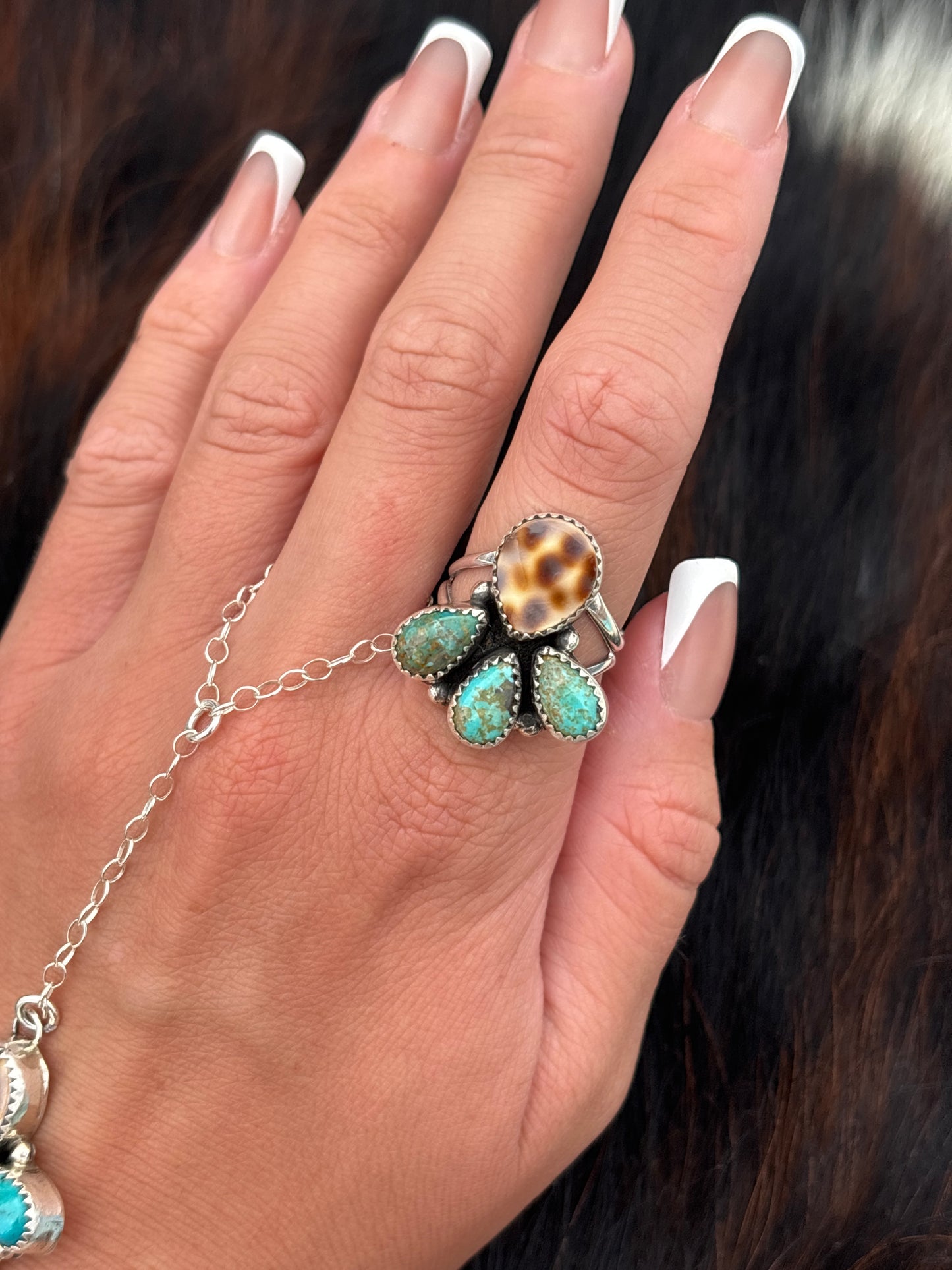 Native American, Hand-Made, Turquoise, Cowrie & Sterling Silver  Ring