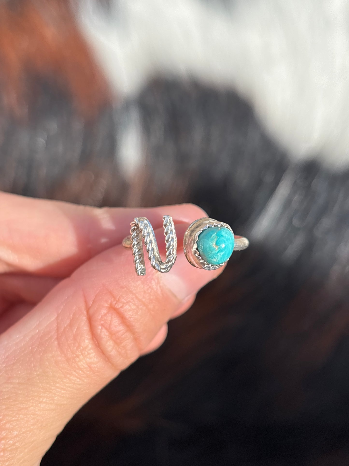 Native American, Hand-Made, Turquoise & Sterling Silver Adjustable Initial Ring