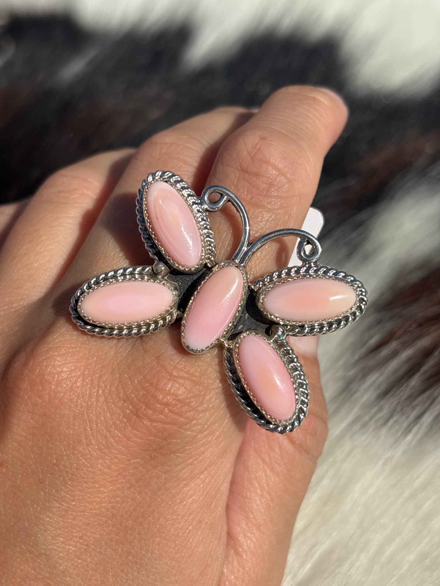 Native American, Hand-Made, Pink Conch & Sterling Silver Butterfly Ring