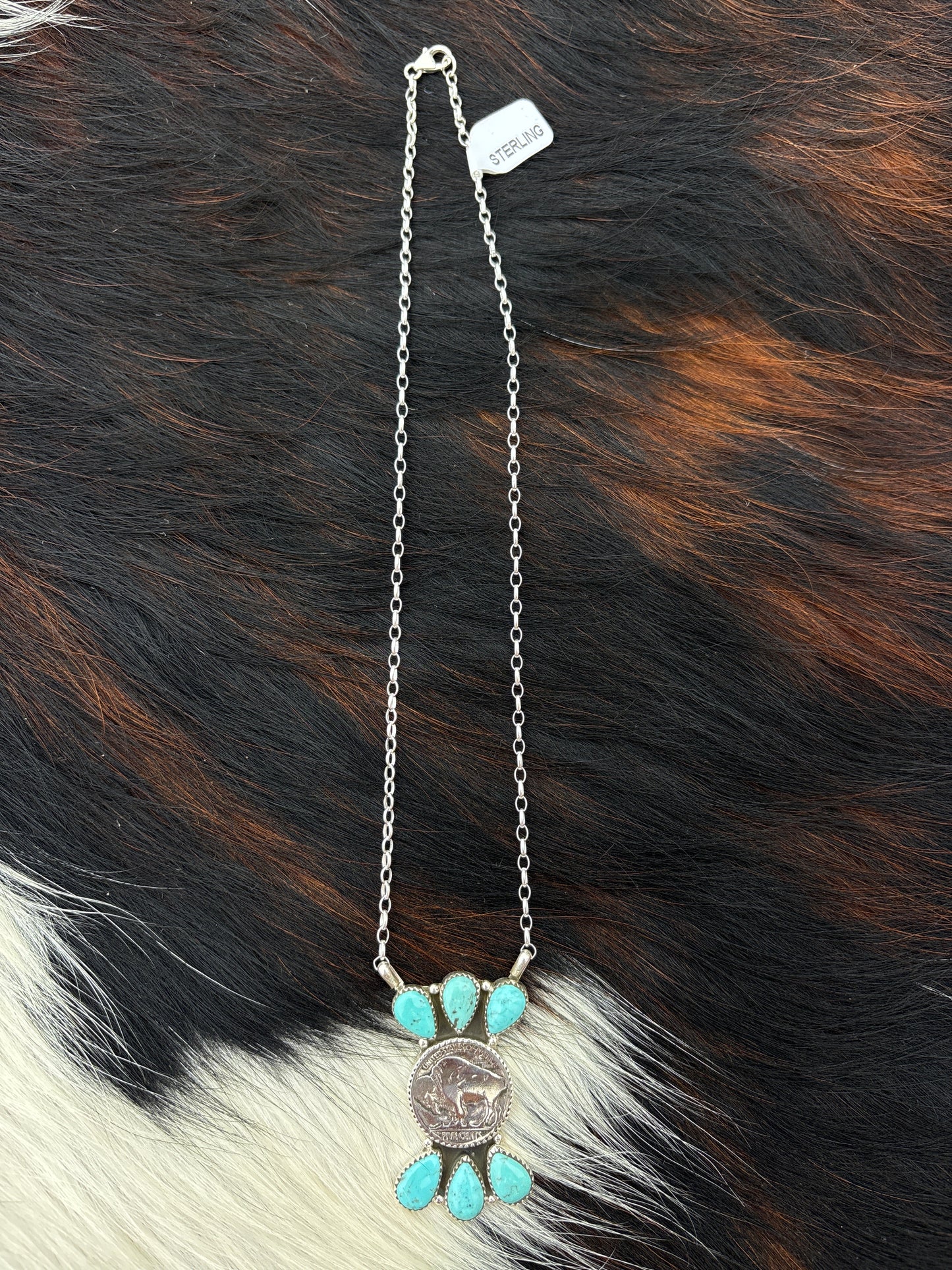 Native American, Hand-Made, Buffalo Nickel, Turquoise & Sterling Silver Necklace