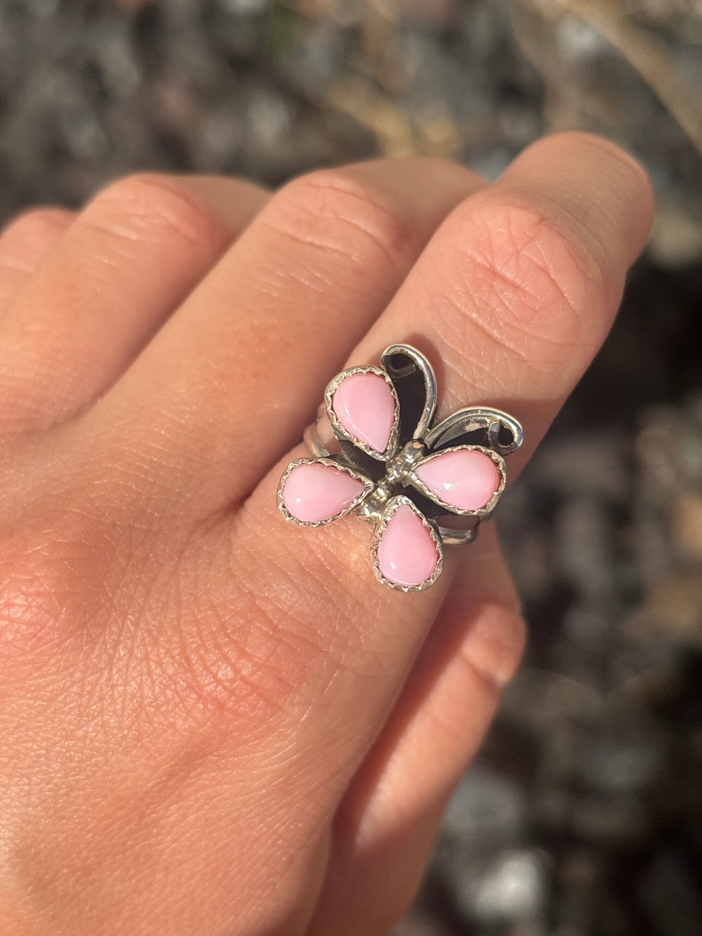 Native American, Hand-Made, Pink Conch & Sterling Silver Butterfly Ring