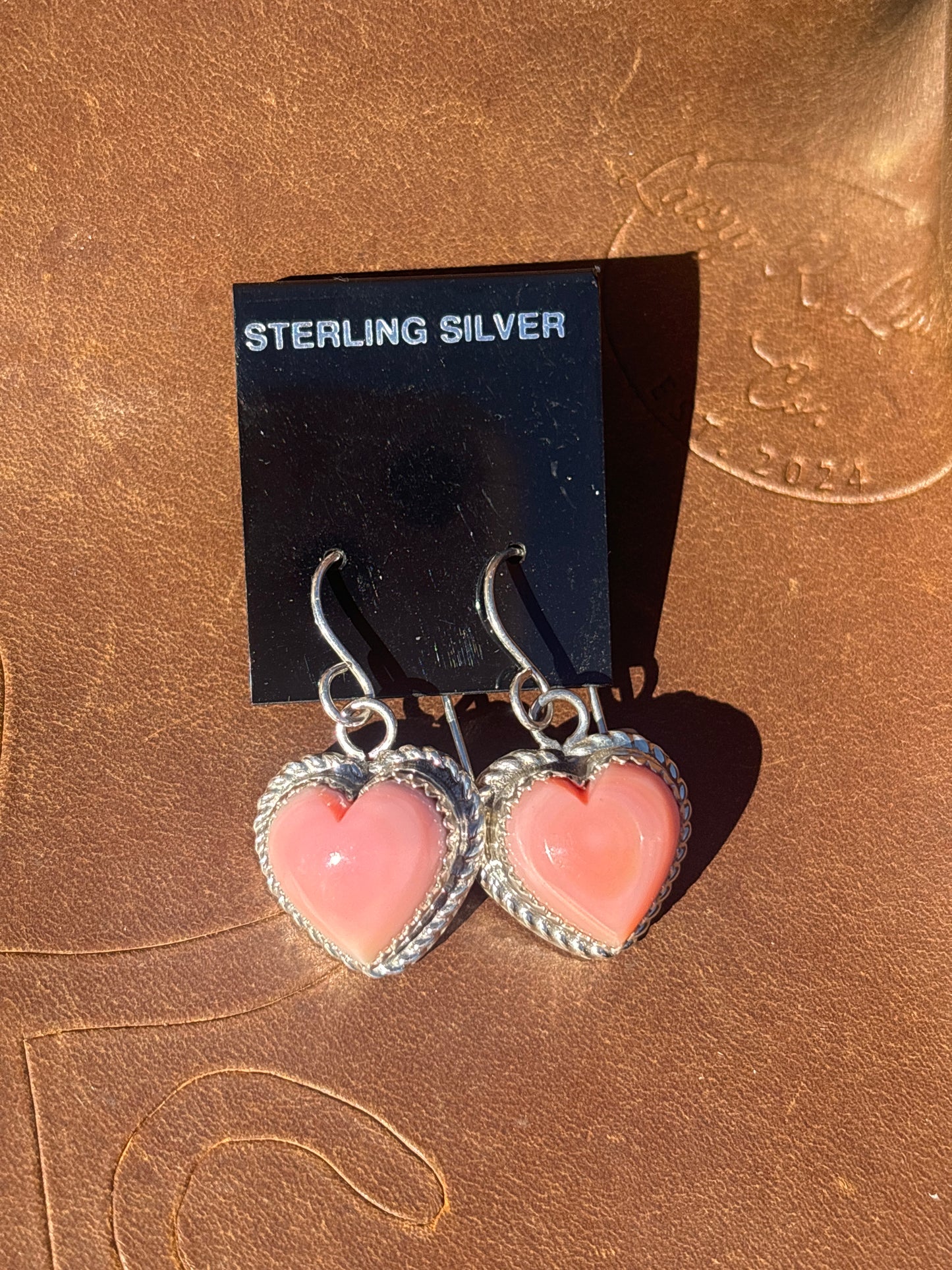 Native American, Hand-Made, Pink Conch & Sterling Silver Earrings