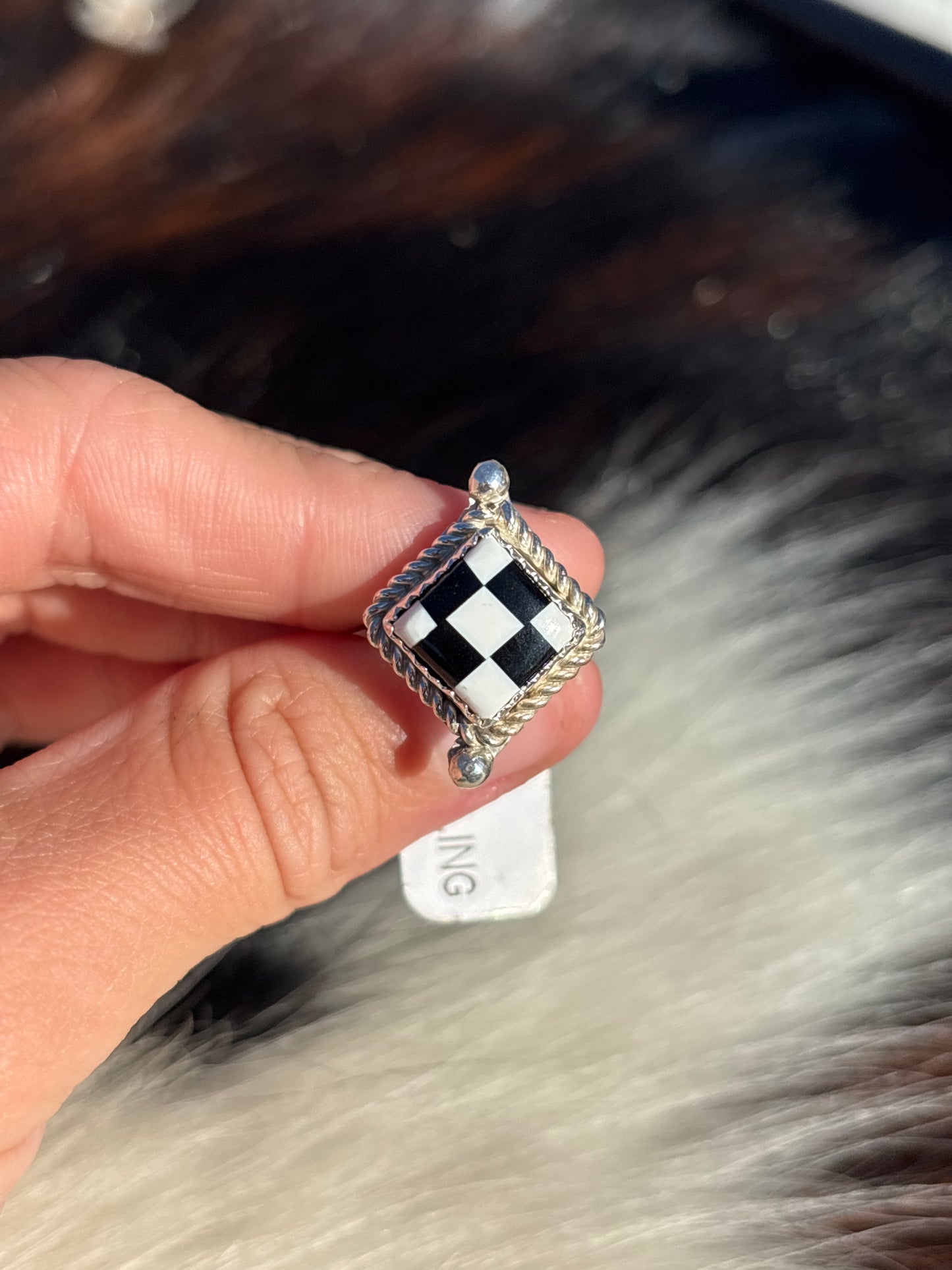 Native American, Hand-Made, Checkerboard & Sterling Silver Ring