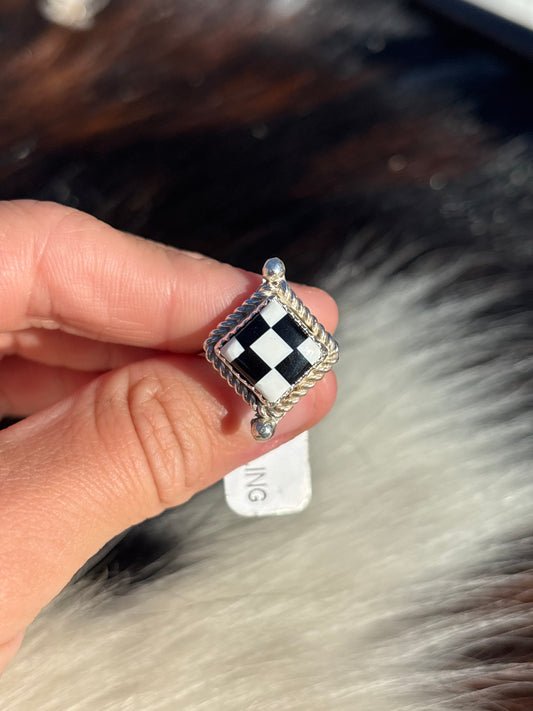 Native American, Hand-Made, Checkerboard & Sterling Silver Ring