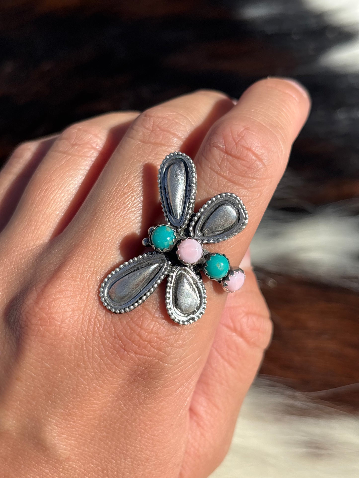 Native American, Hand-Made, Turquoise, Pink Conch & Sterling Silver Dragonfly Adjustable Ring