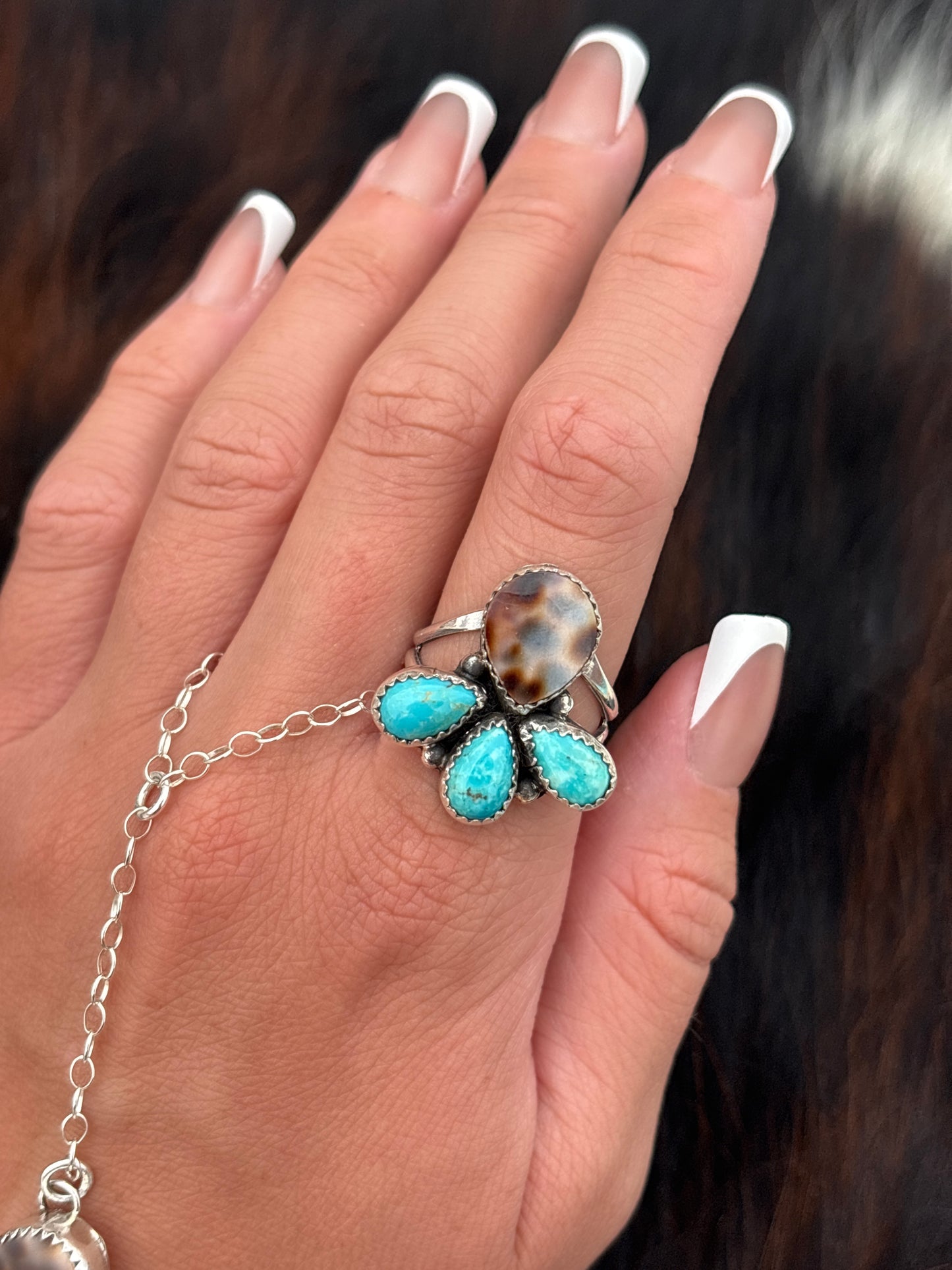 Native American, Hand-Made, Turquoise, Cowrie & Sterling Silver  Ring