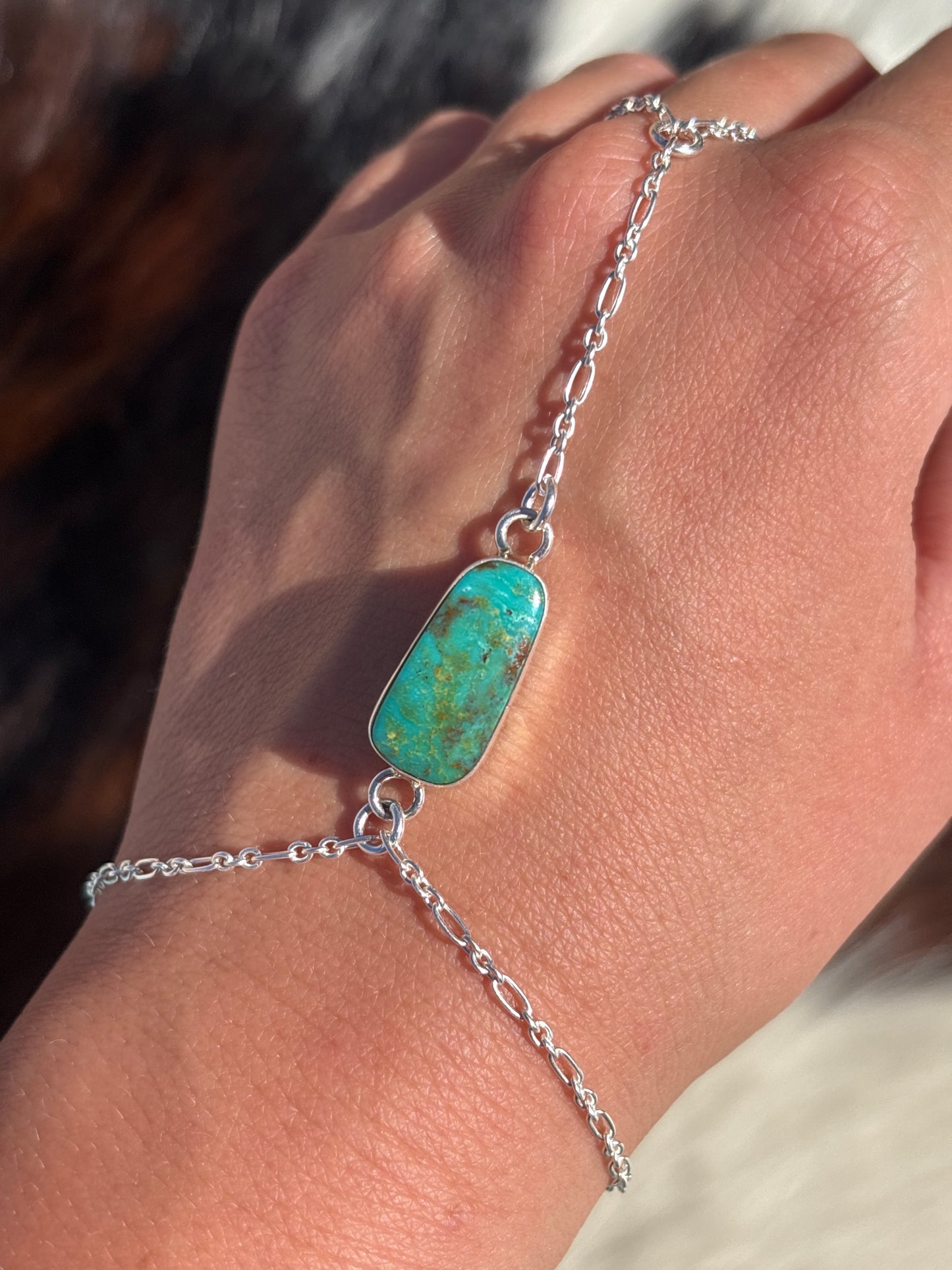 Native American, Handmade, Turquoise & Sterling Silver Hand Chain #12