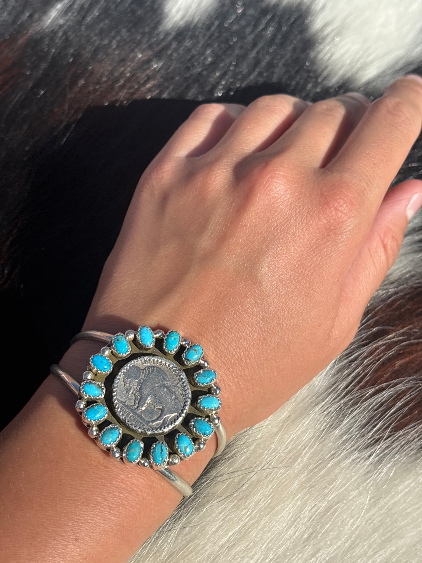 Native American, Handmade, Turquoise, Buffalo Nickel & Sterling Silver Cuff