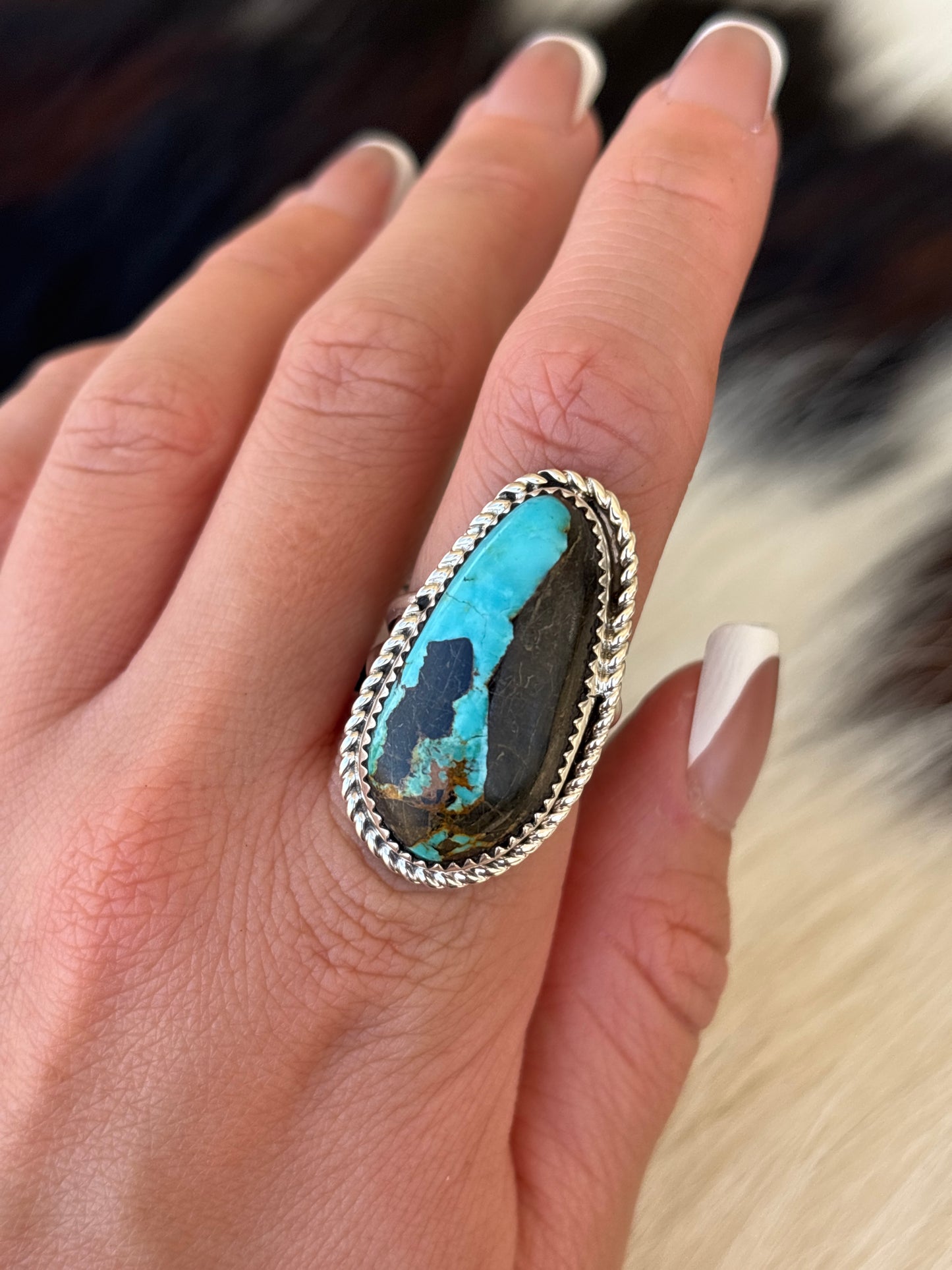 Native American, Hand-Made, Blackjack Turquoise & Sterling Silver Ring