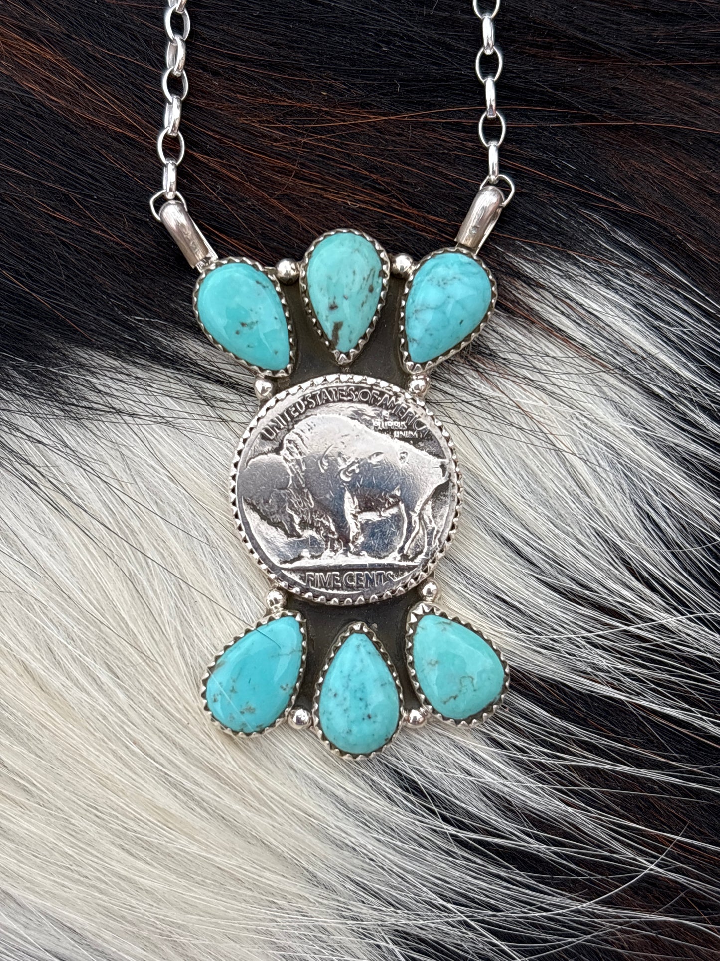 Native American, Hand-Made, Buffalo Nickel, Turquoise & Sterling Silver Necklace