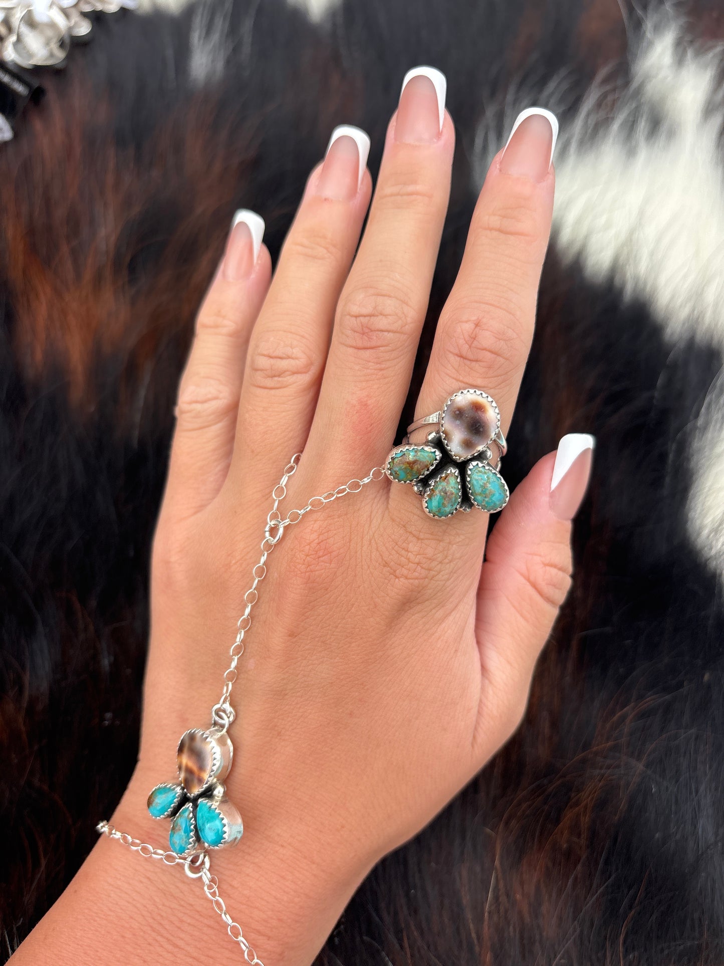 Native American, Hand-Made, Turquoise, Cowrie & Sterling Silver  Ring
