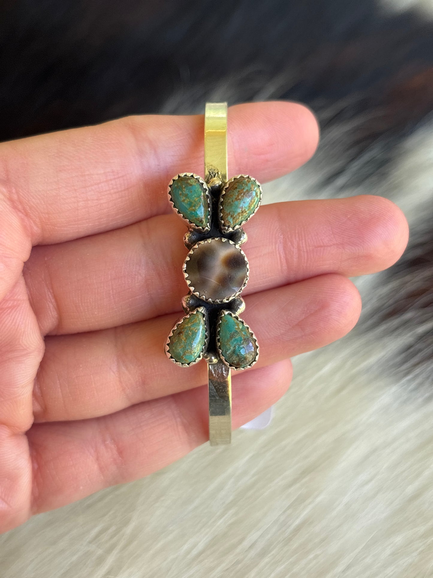 Native American, Handmade, Cowrie, Turquoise & Sterling Silver Cuff