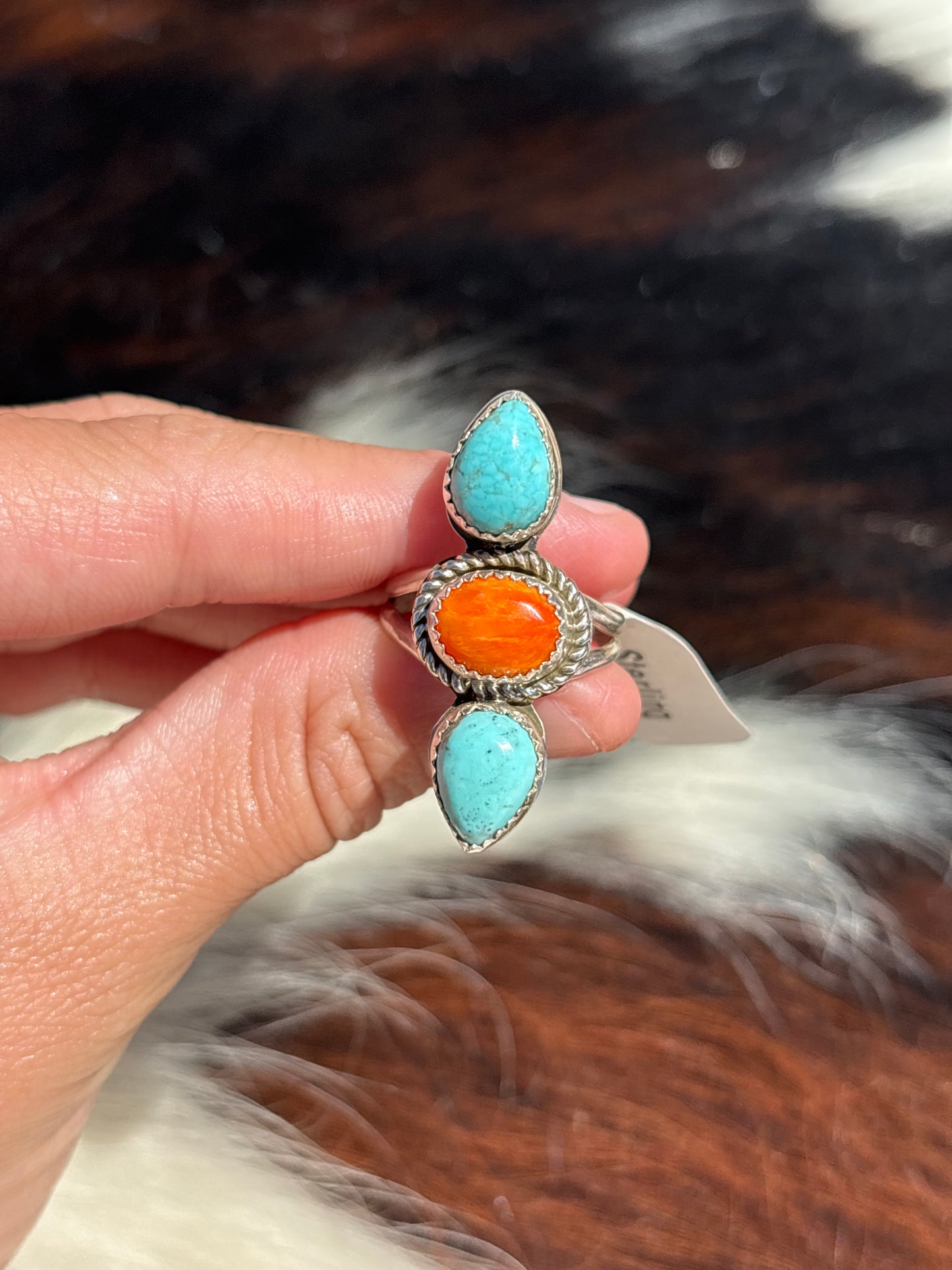 Native American, Hand-Made, Turquoise, Spiny Oyster & Sterling Silver Ring