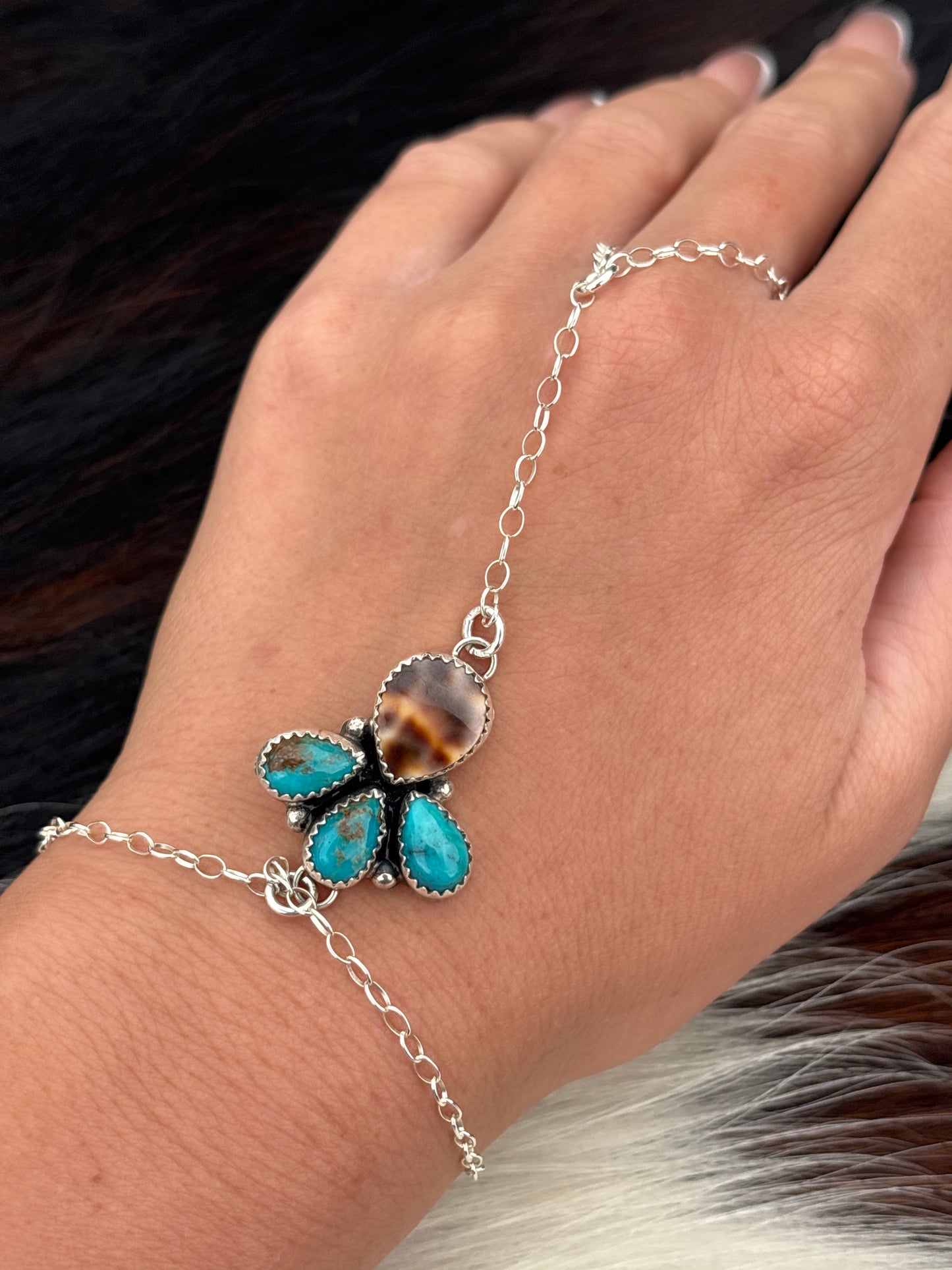 Native American, Handmade, Turquoise, Cowrie & Sterling Silver Hand Chain