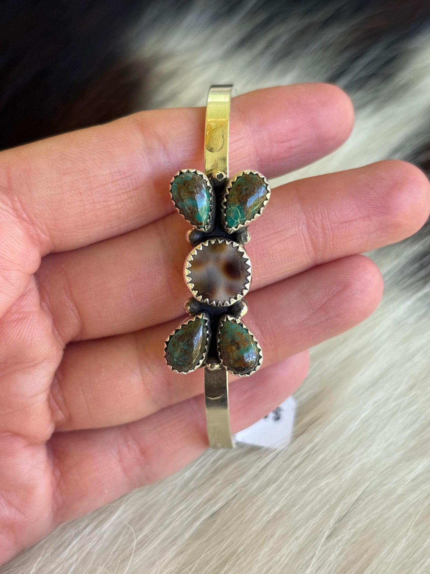 Native American, Handmade, Cowrie, Turquoise & Sterling Silver Cuff