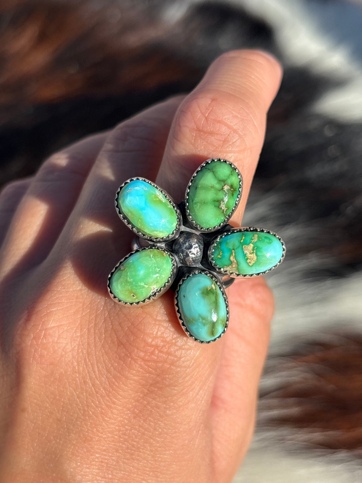 Native American, Hand-Made, Sierra Bella Turquoise & Sterling Silver Flower Ring