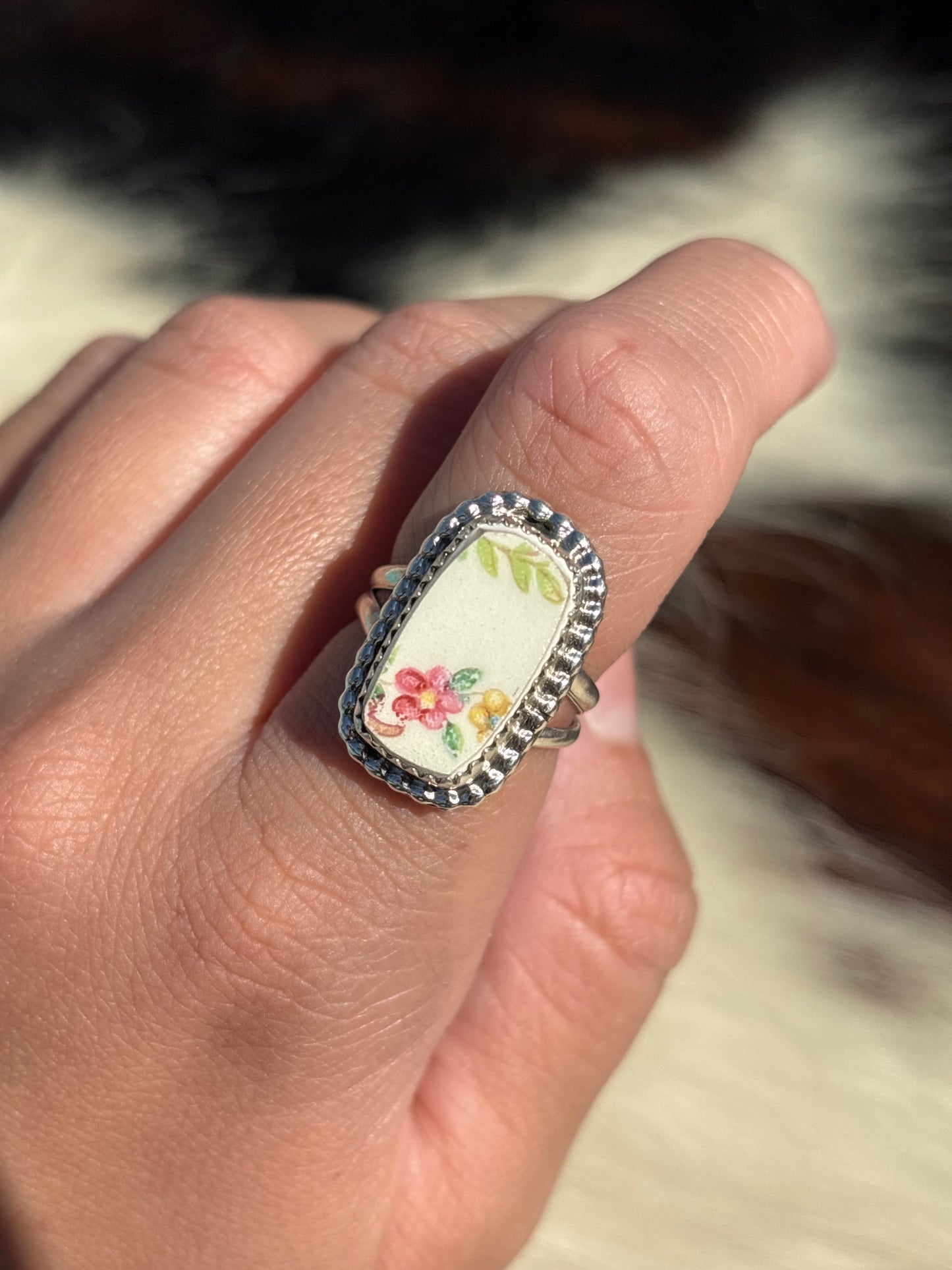 Native American, Hand-Made, Porcelain & Sterling Silver Ring