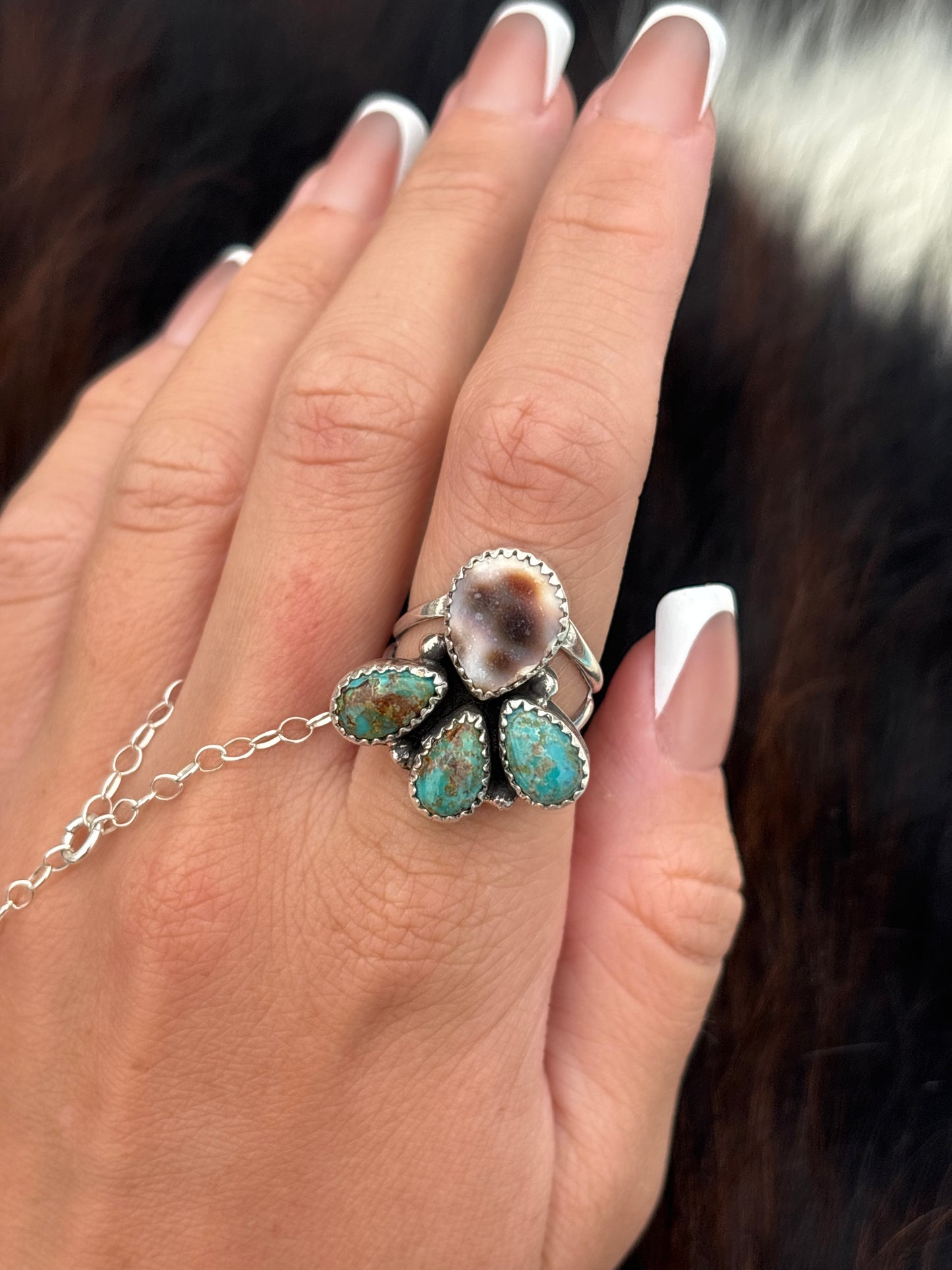 Native American, Hand-Made, Turquoise, Cowrie & Sterling Silver  Ring