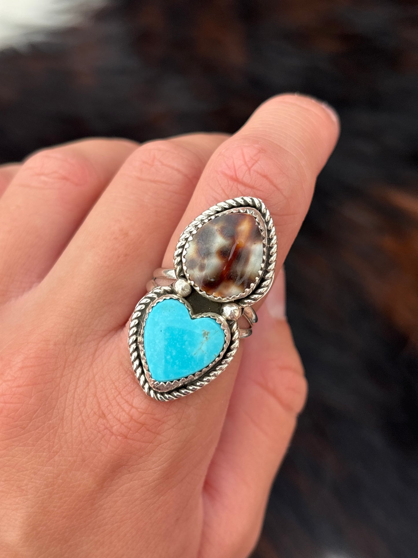 Native American, Hand-Made, Turquoise, Cowrie & Sterling Silver  Ring