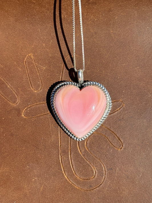 Native American, Hand-Made, Pink Conch & Sterling Silver Heart Necklace