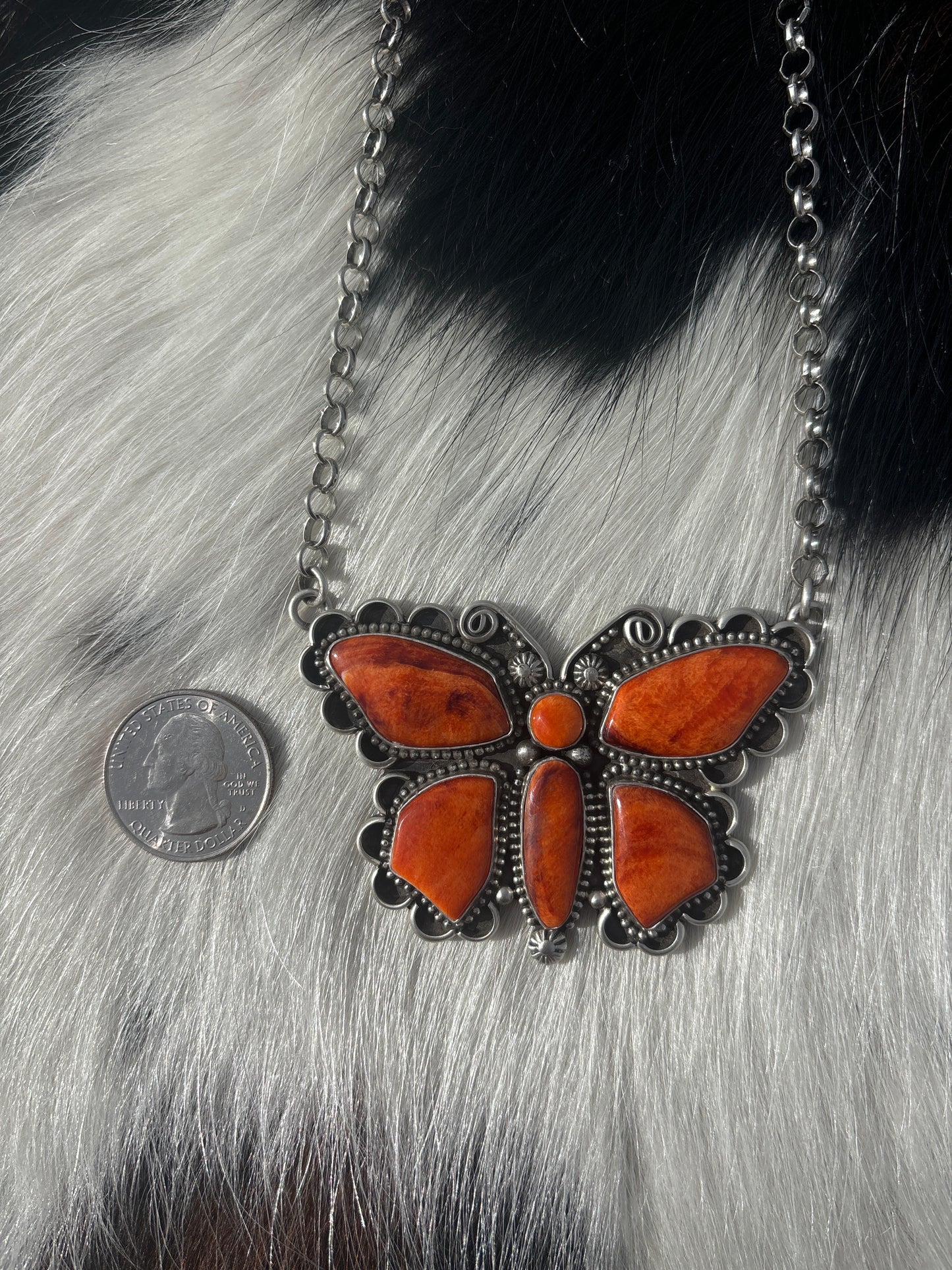 Native American, Hand-Made, Spiny Oyster & Sterling Silver Butterfly Necklace
