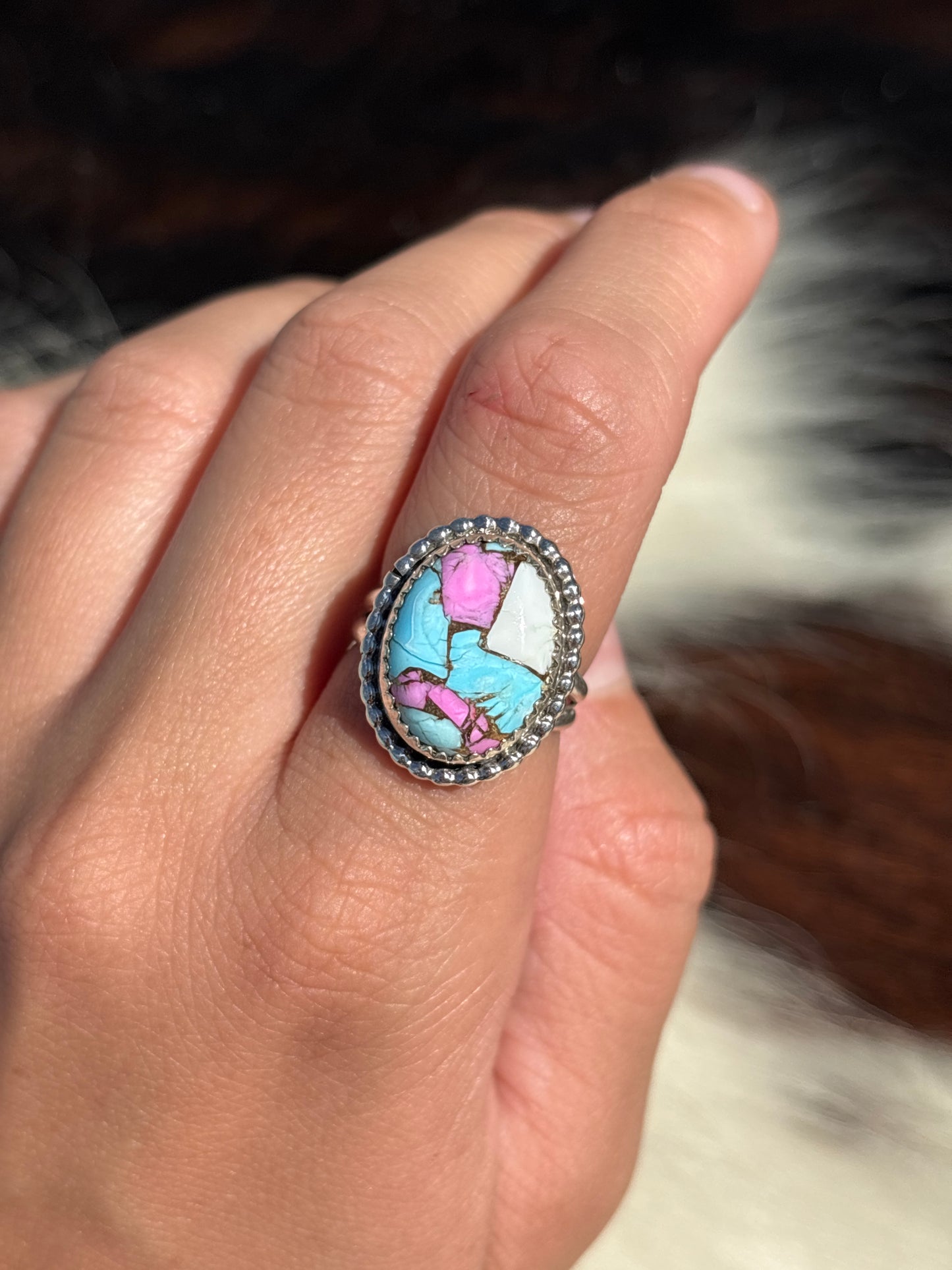 Native American, Hand-Made, Cotton Candy & Sterling Silver Ring